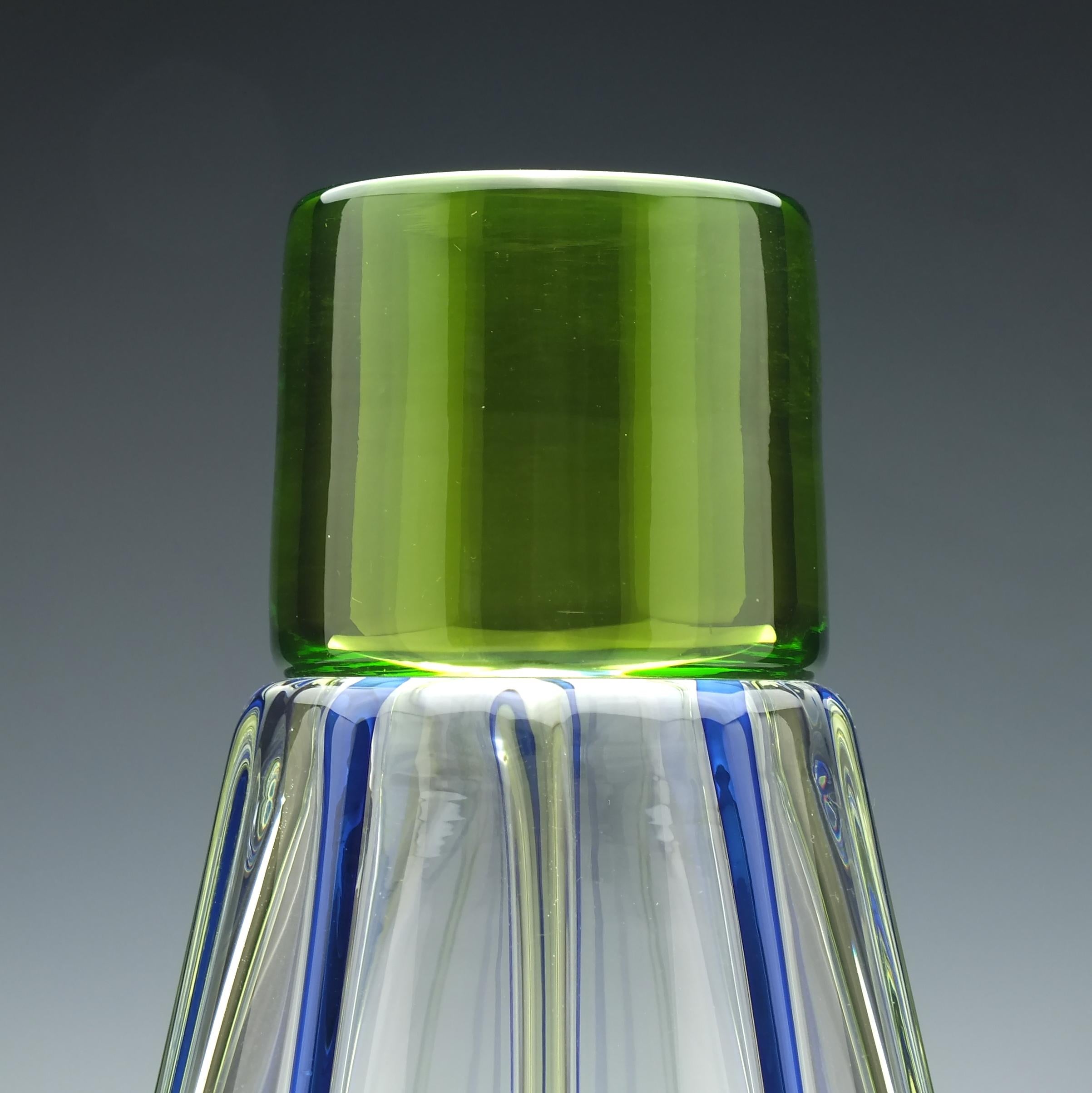 British Mike Hunter Blue and Green Glass Illusion Vase For Sale
