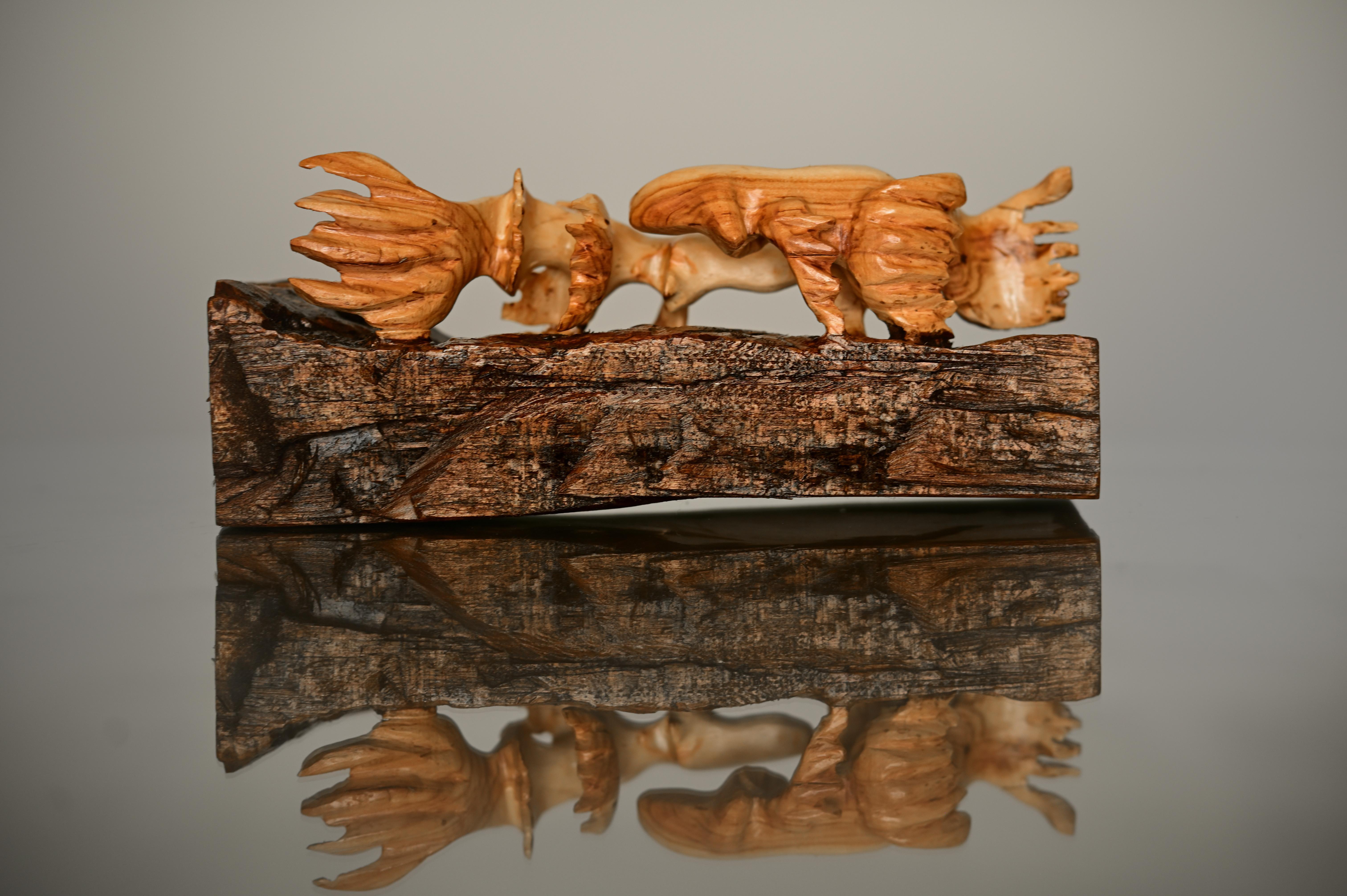Mike Jorgensen Figurative Sculpture - beta fish synchronized, Original Naturalistic Wood Sculpture