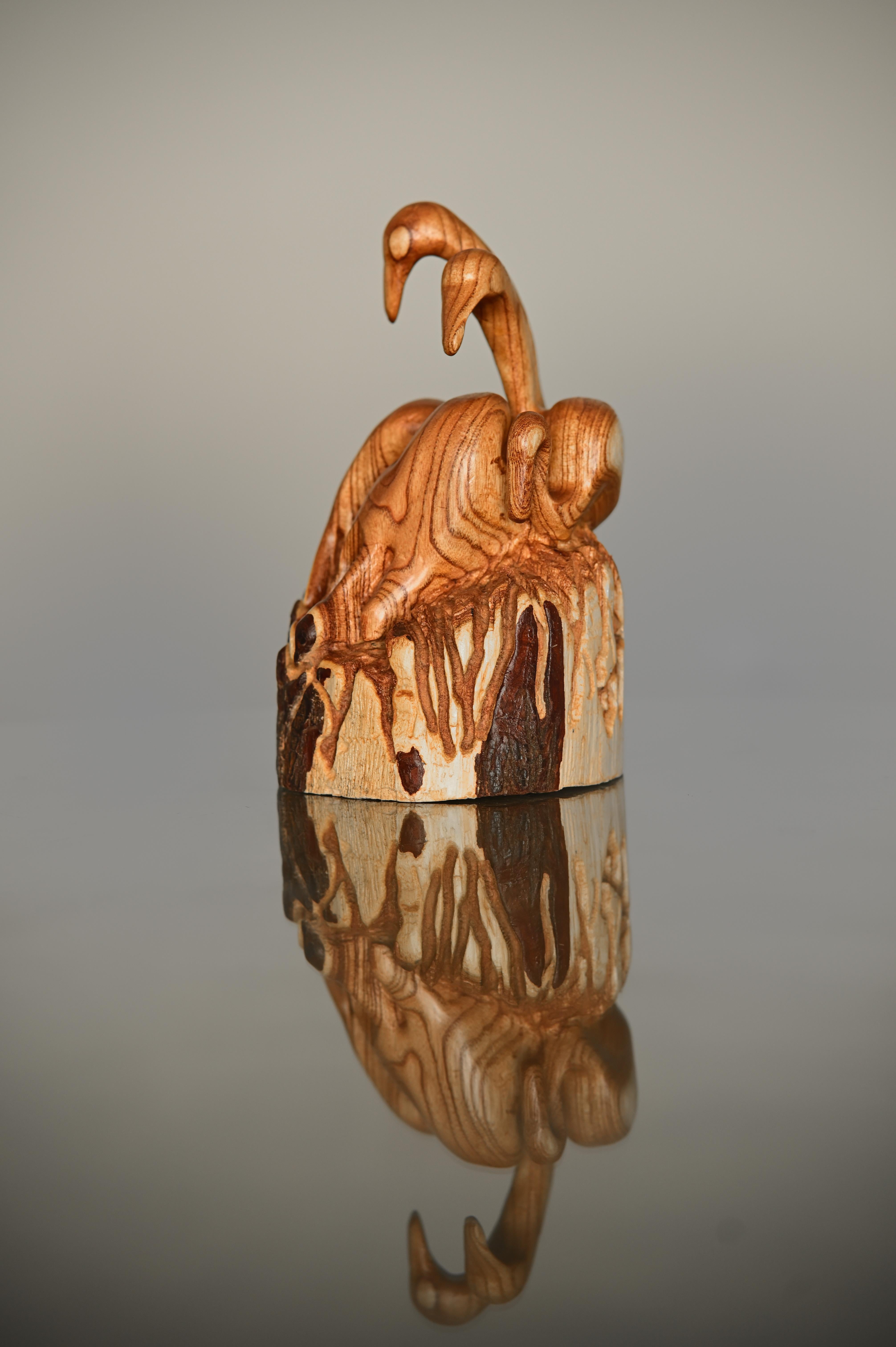 Figurative Sculpture Mike Jorgensen - Flamingos, sculpture naturaliste originale 