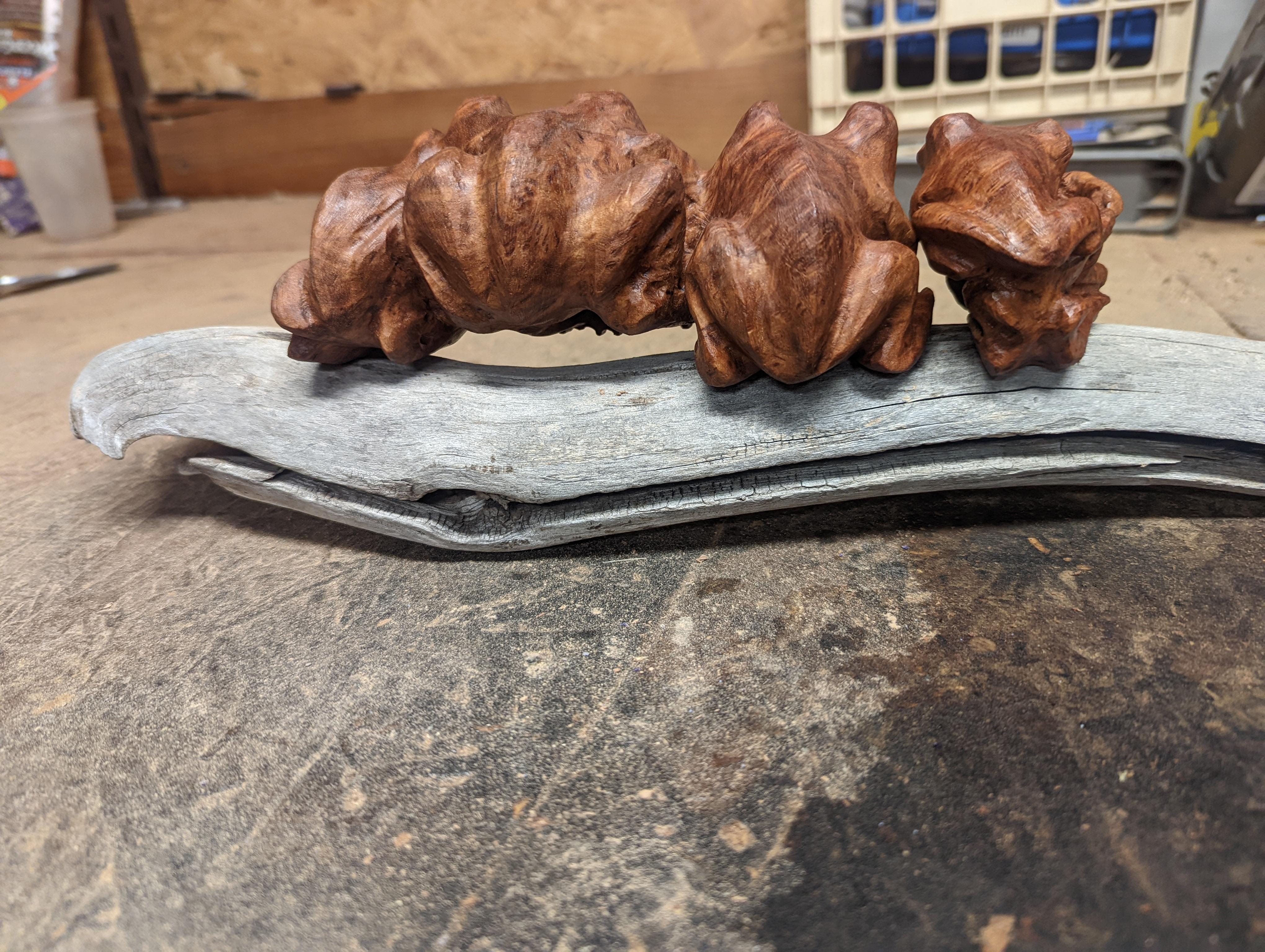 Frog singing on a log, Original Naturalistic Wood Sculpture For Sale 1