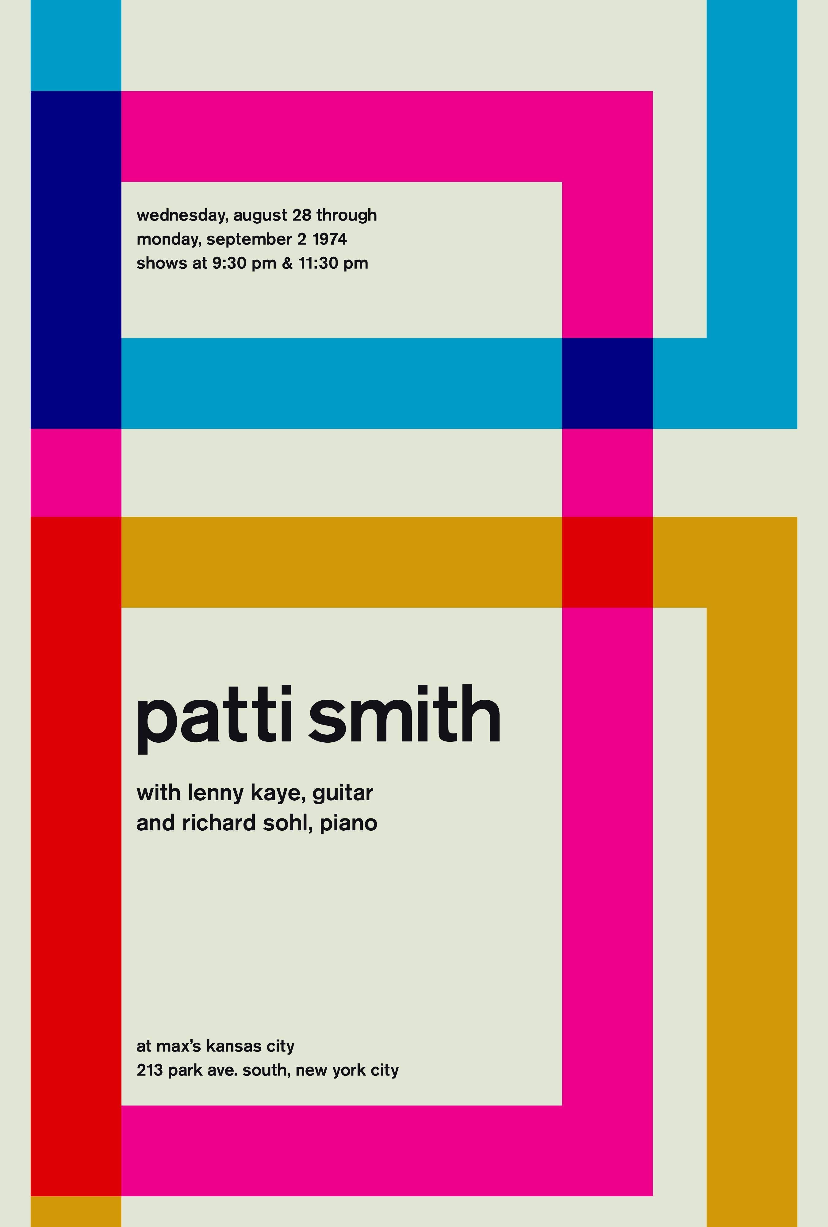 Vintage inspired graphic design print which re-imagines this original Patti Smith concert date to produce a stunning minimalist look inspired by mid century modernism 

Printed on Archival Epson Matte Paper with Remarkable Color Presentation