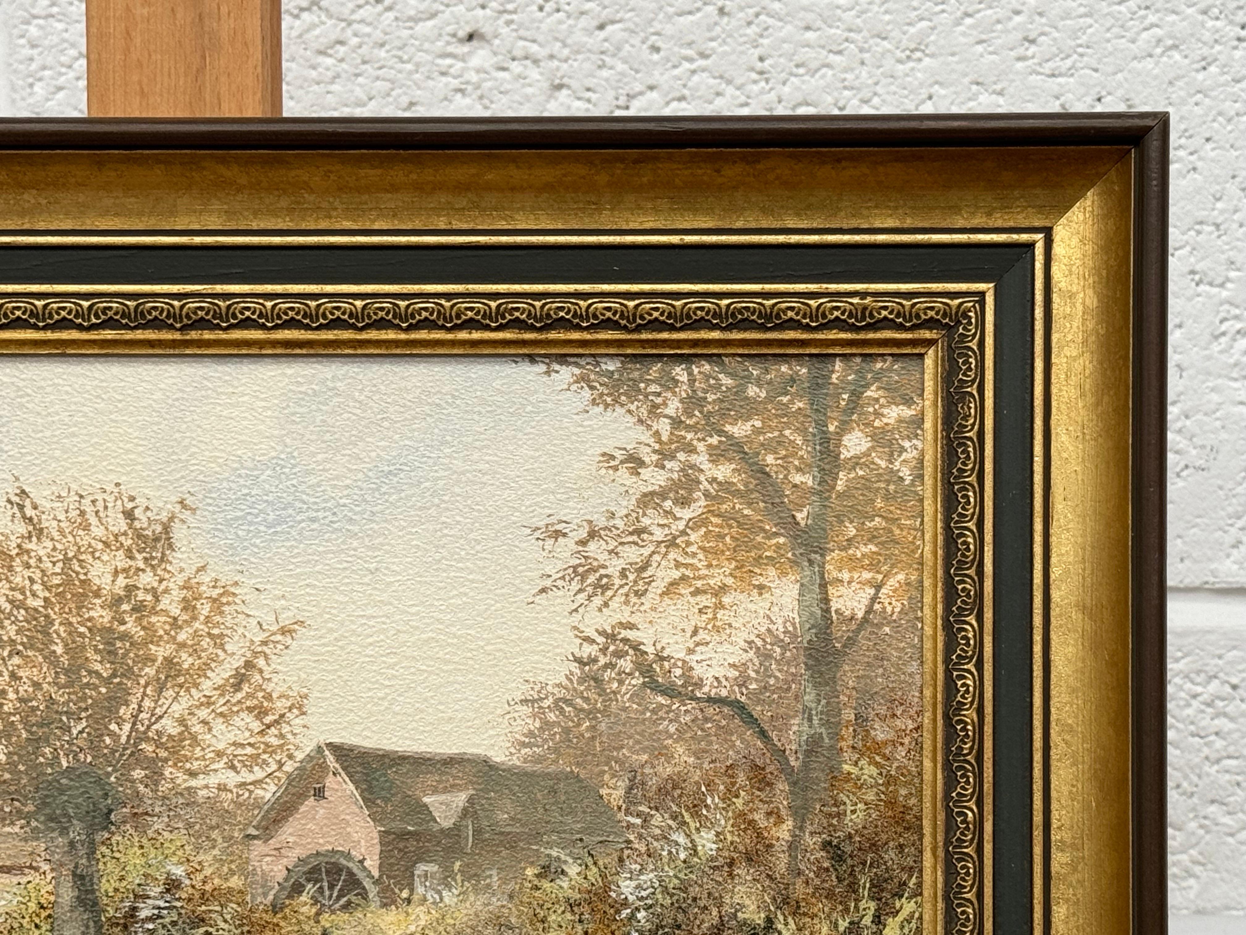 Paisaje fluvial de aldea inglesa en otoño en el campo por artista británico 4
