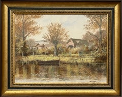 Paisaje fluvial de aldea inglesa en otoño en el campo por artista británico