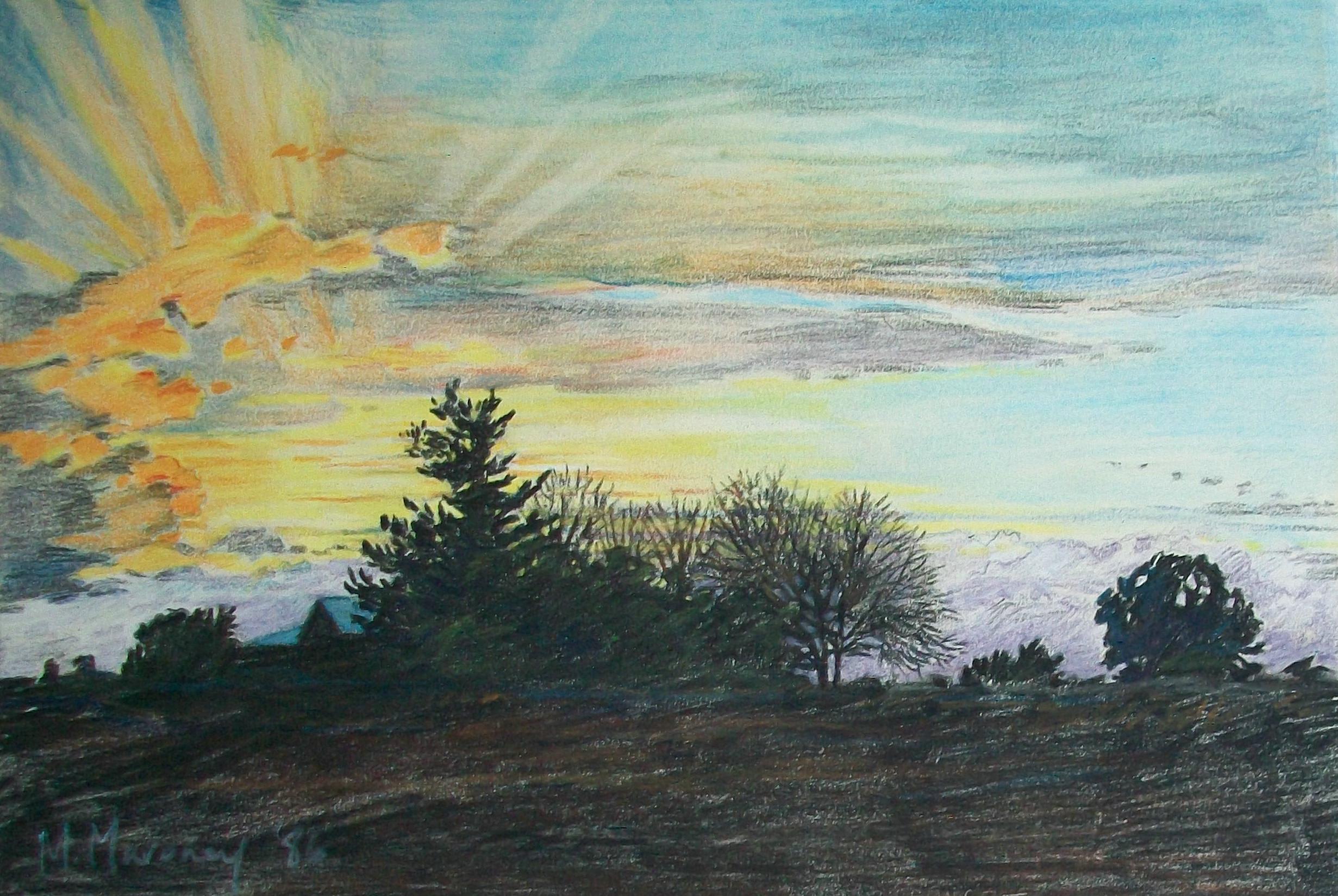 MIKE MARONEY - Study for 'An October Sunset' (View from the Schoolhouse - Wabash) - Charcoal landscape sketch on paper - featuring a sunset backlit silhouette landscape with trees - titled in the lower margin and verso - signed and dated lower left