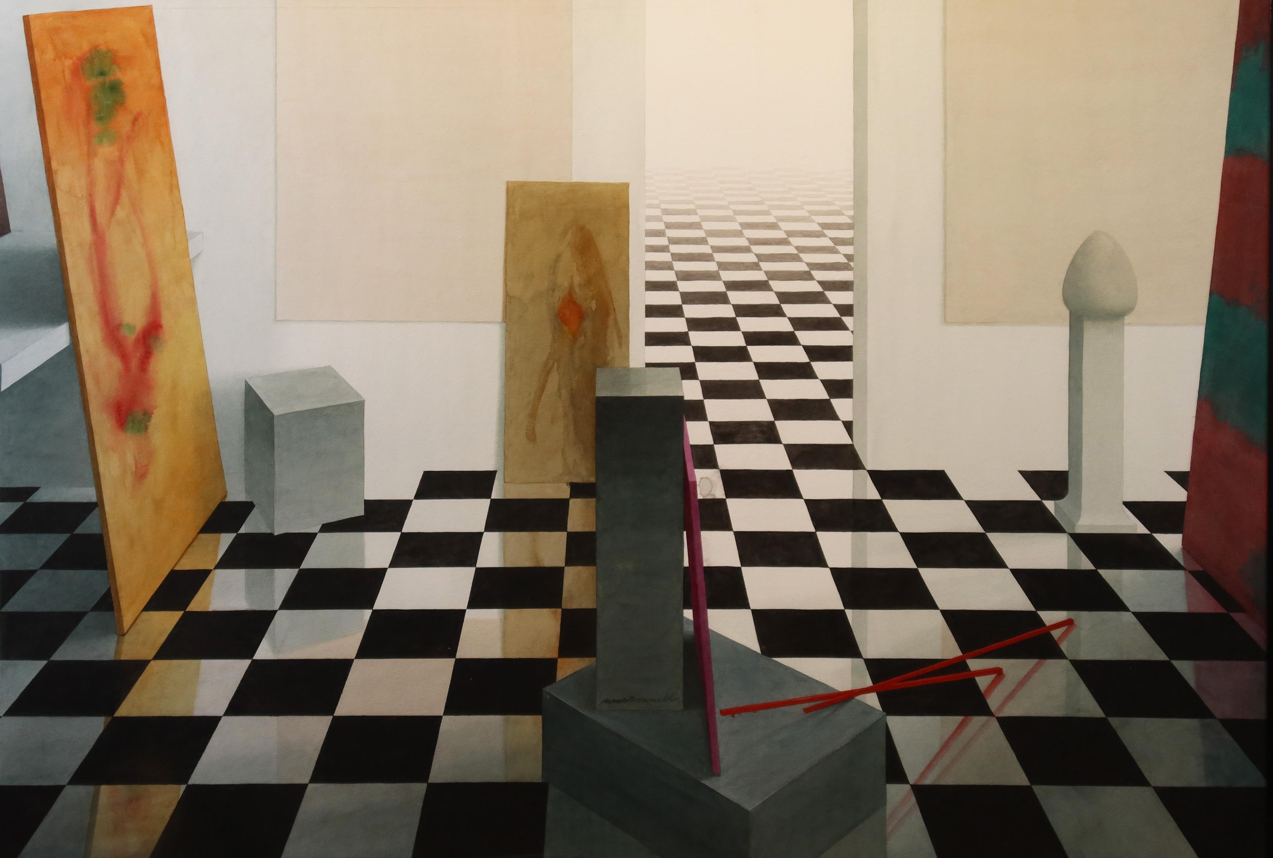 Monumentales Gemälde in Museumsgröße, modernistische Surreale Innenszene, signiert, Vintage 1