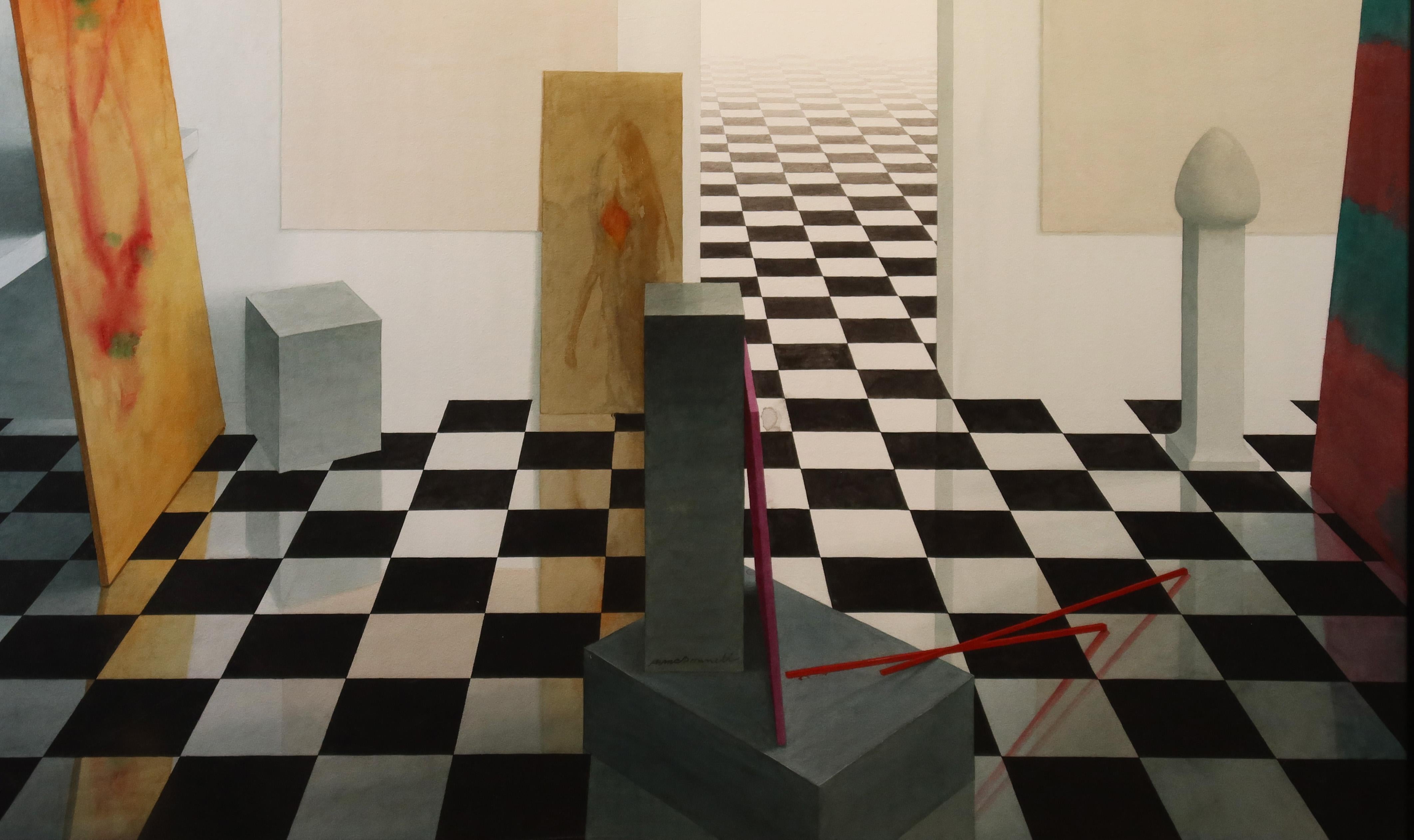 Monumentales Gemälde in Museumsgröße, modernistische Surreale Innenszene, signiert, Vintage 2