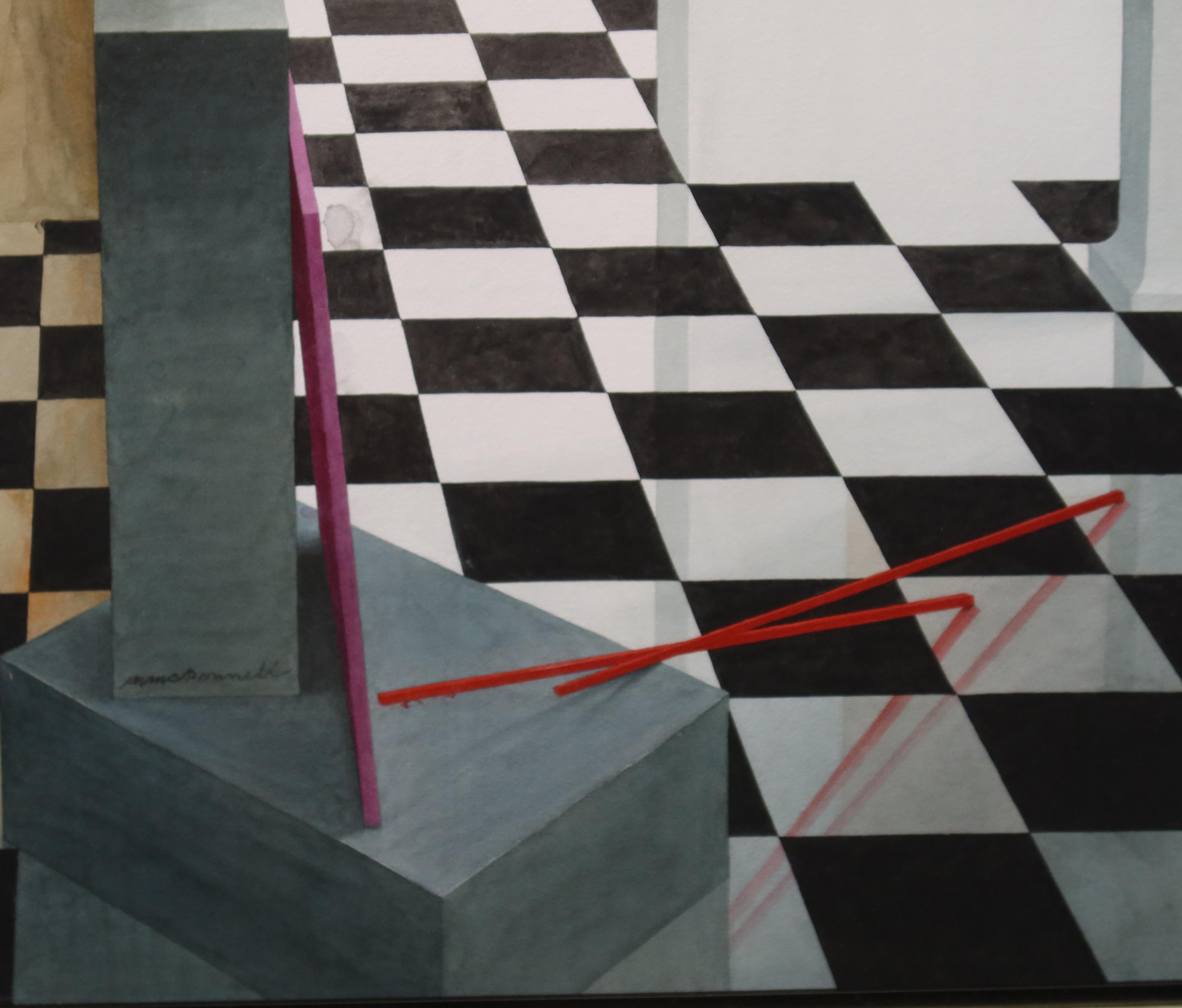 Monumentales Gemälde in Museumsgröße, modernistische Surreale Innenszene, signiert, Vintage 3