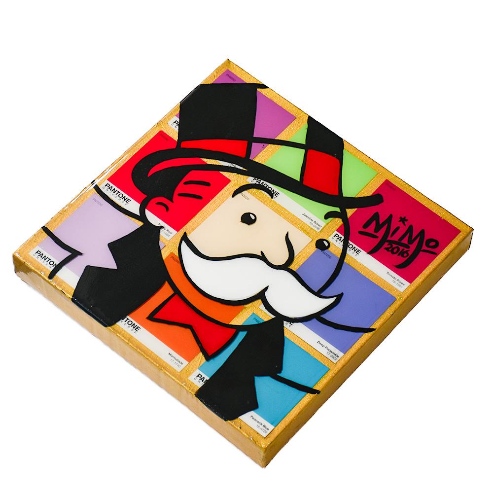 Super vibrant original art by Mike Mozart also known as MIMO.
Pantone Monopoly features the famed character painted by Mimo on top of Pantone color chips and then covered with resin.
Gold mounted canvas with clear on top makes this image sparkle and