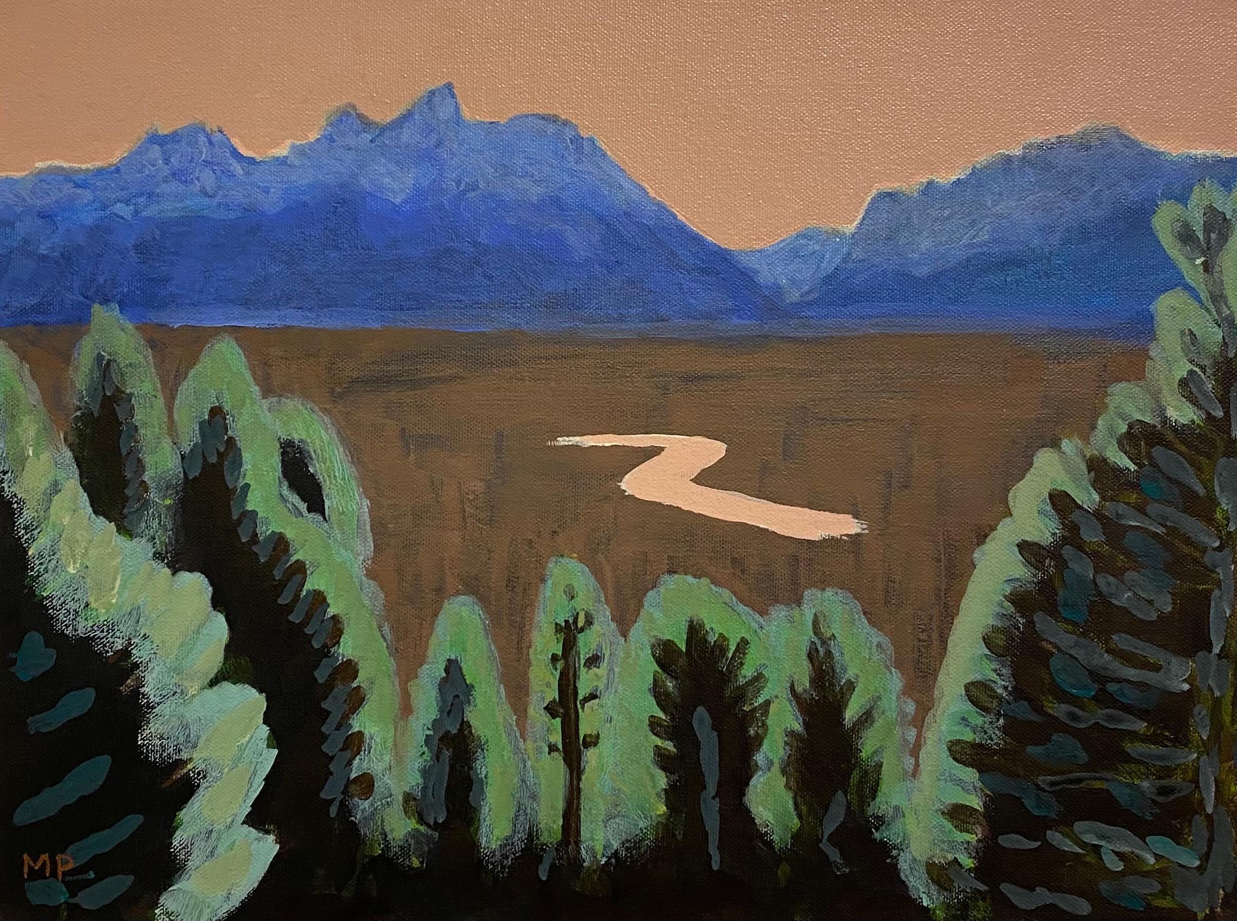 Himmel, Berg, Fluss, Bäume – Painting von Mike Piggott