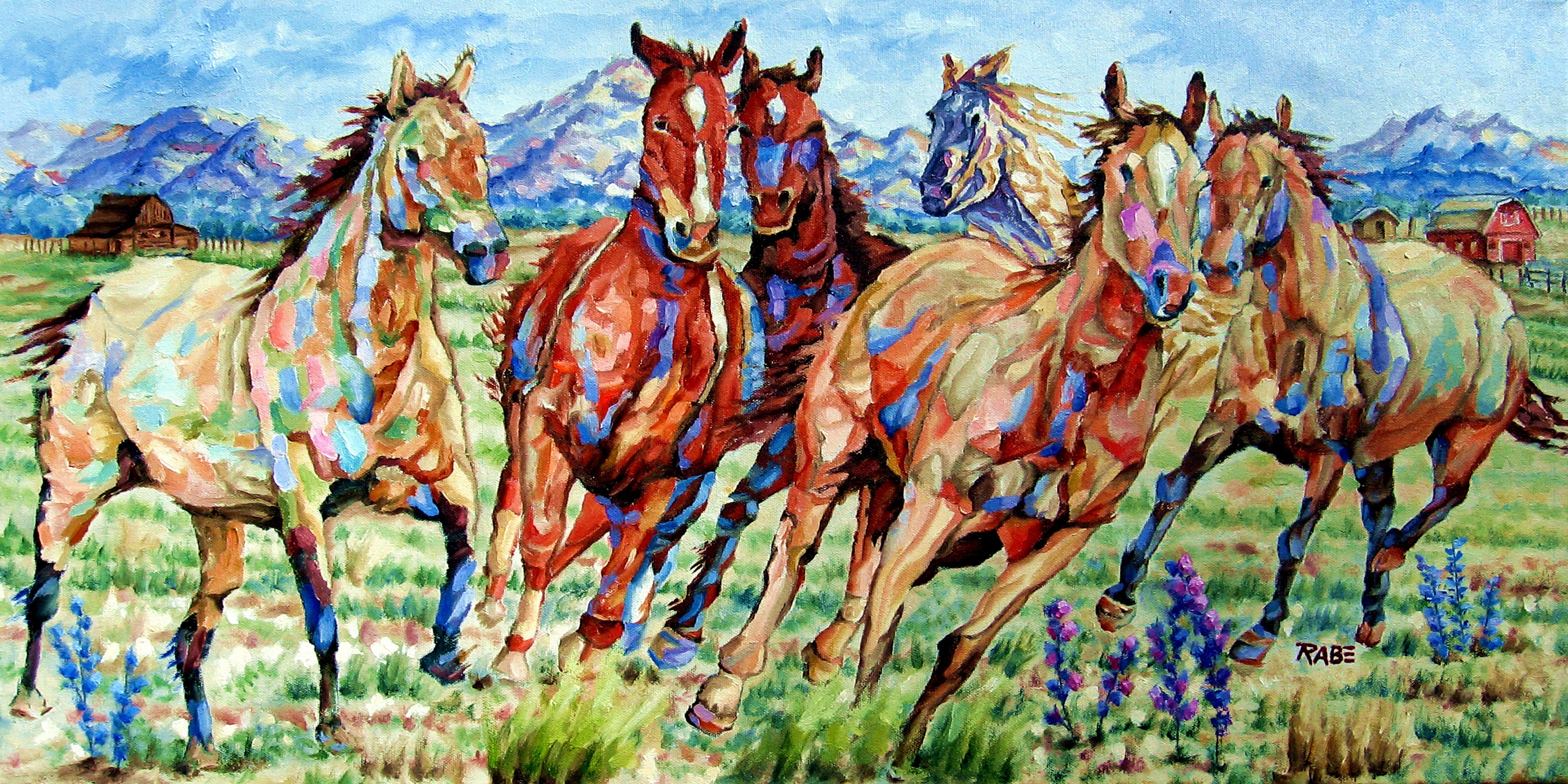 Pittura di cavalli selvaggi che corrono - Cavallo che corre selvaggio, pittura, olio su tela - Painting di Mike Rabe