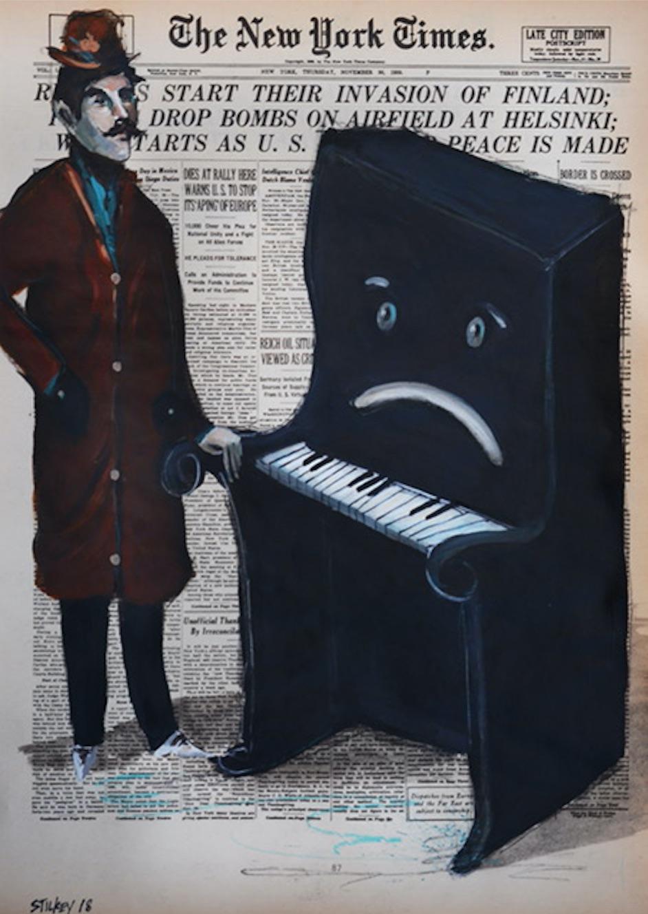 Man Comforting Sad Piano - Painting by Mike Stilkey