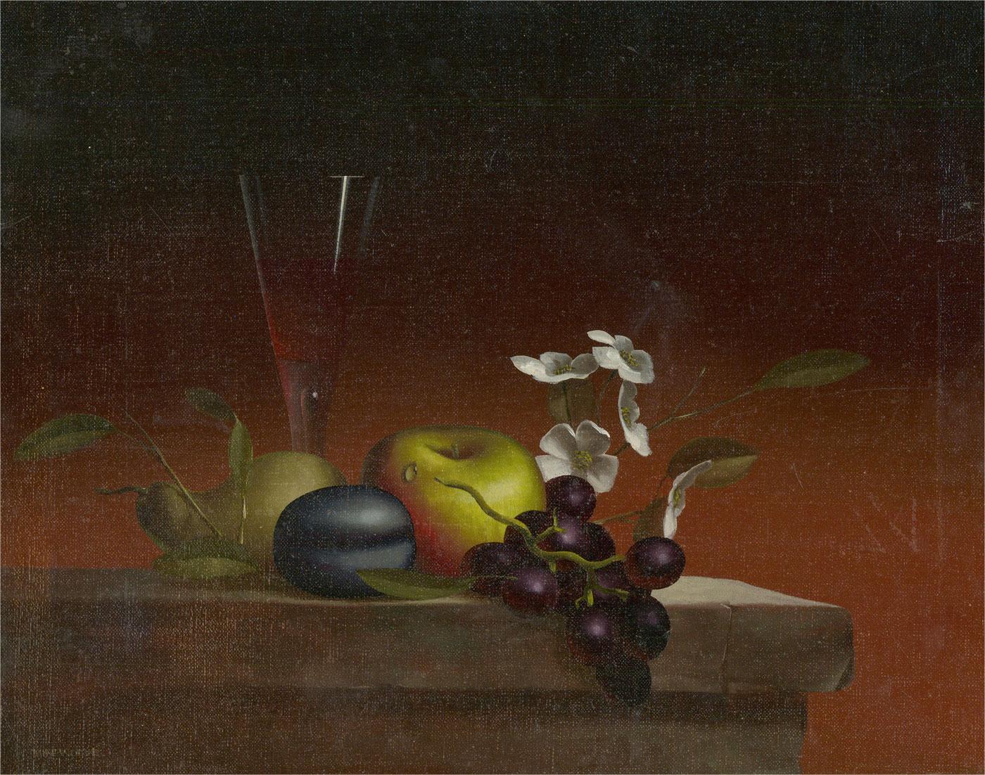 This fine study is a hyper-realist take on a traditional still life, depicting fruit, flowers and wine. The artist has used exquisite detail from the flesh of the fruit to the delicate white blossoms, Woods perfectly captures the light and texture