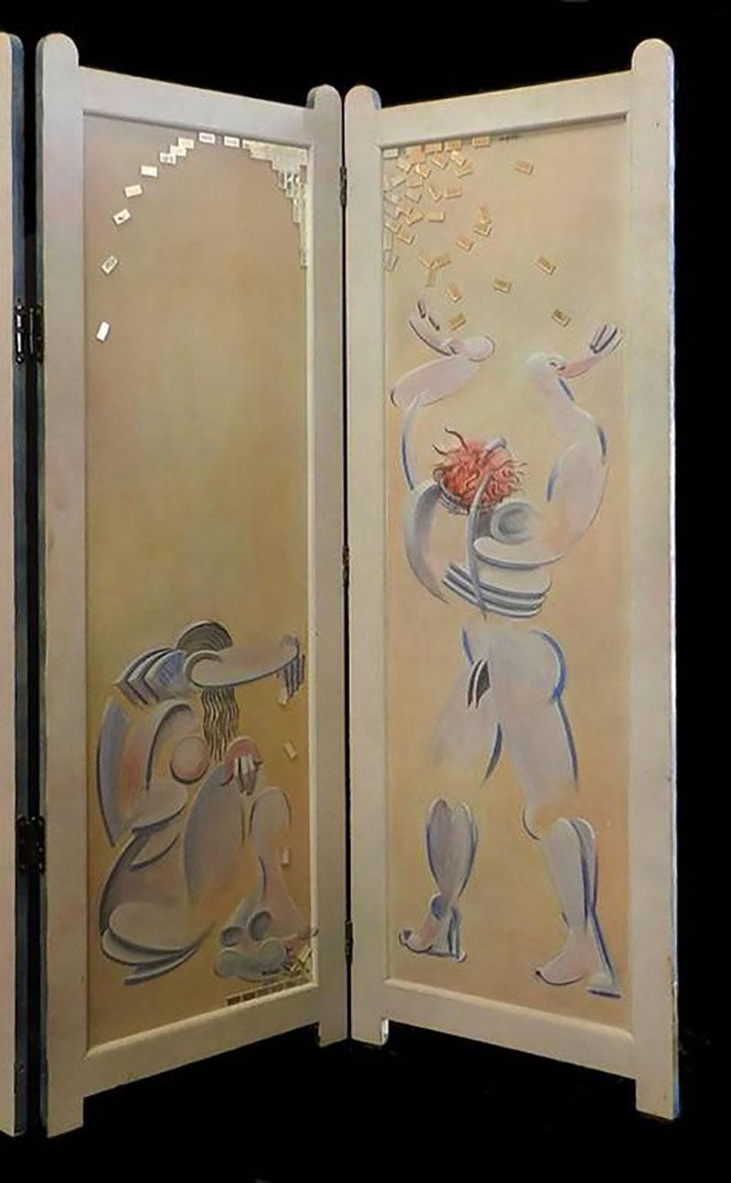 Peinture originale de Mikel Dalbret, artiste du milieu du siècle dernier, double écran plié à quatre volets en vente 7