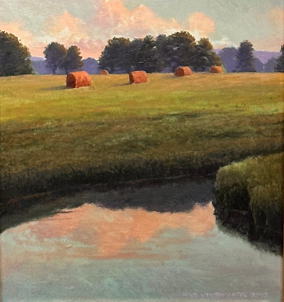 Mikel Wintermantel Landscape Painting - "Bales and Salt Marsh", River Scene with hay painted with bold luminescent color