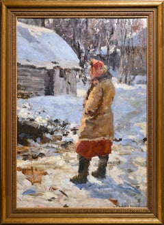 Winter Scene with Village Woman ca 1950 Oil Painting by Russian master Suzdaltse