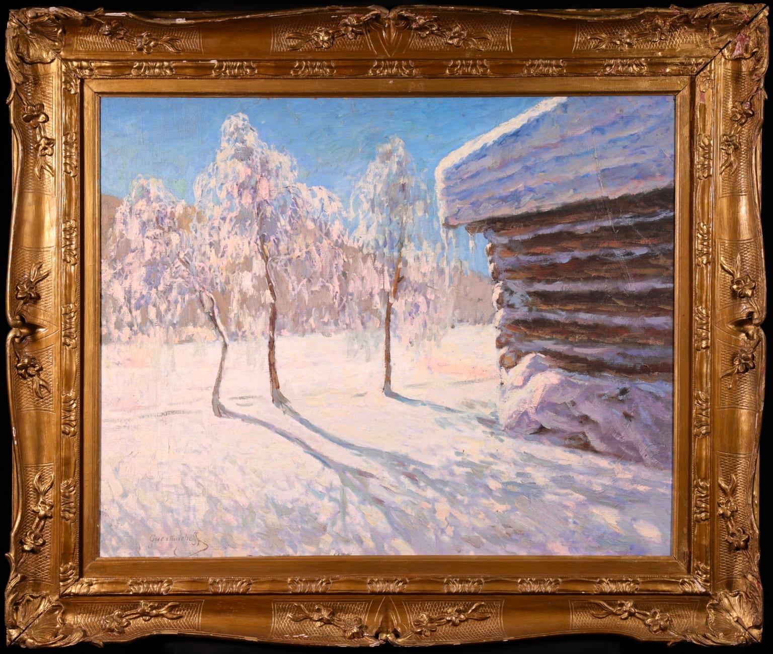 Stunning impressionist winter landscape oil on canvas circa 1920 by Russian painter Mikhail Guermacheff (Mikhail Markanovic Germasev). The work depicts a landscape blanketed in powdery white snow. The trees stand beside a wooden hut, the sun