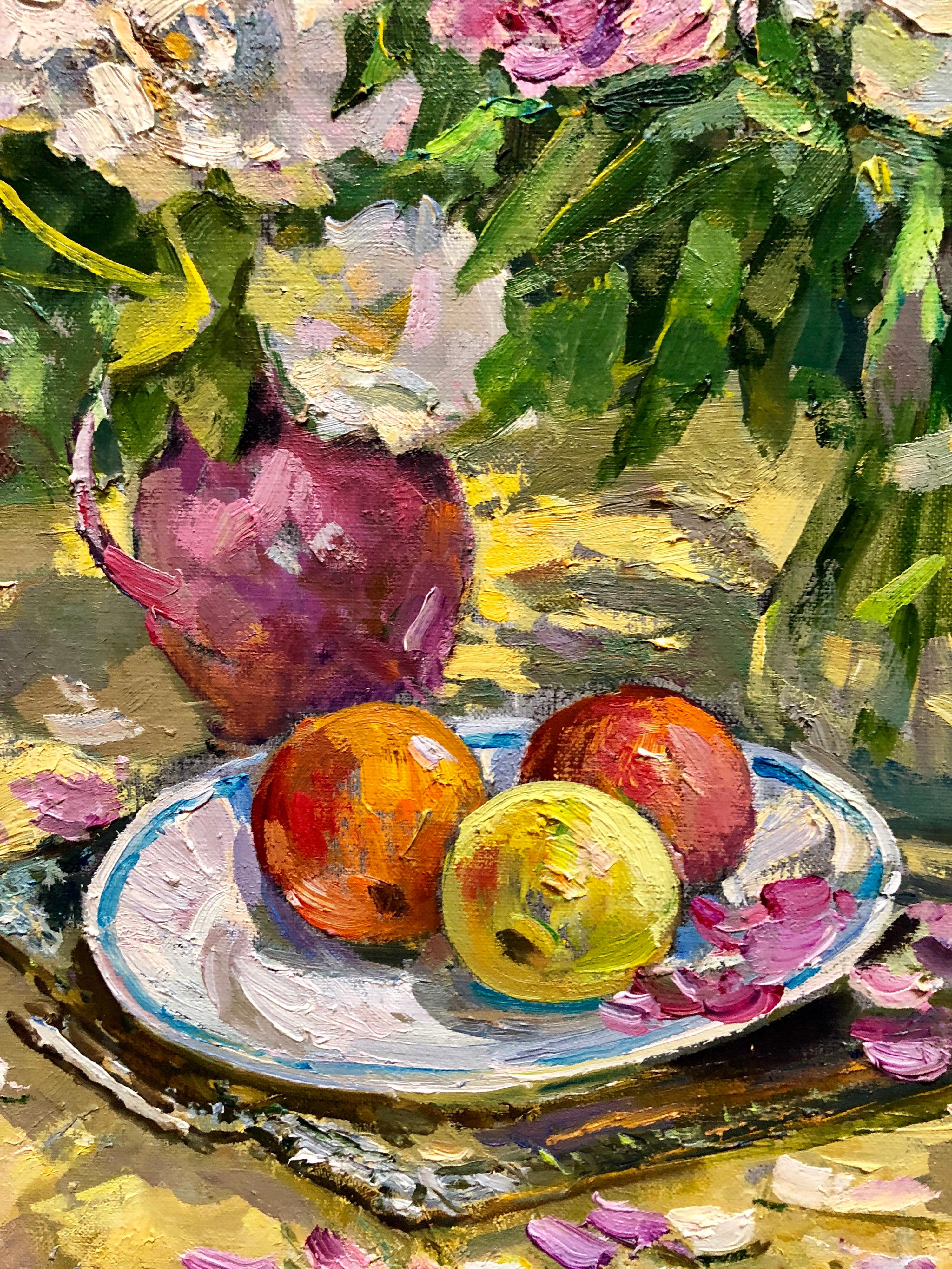 Titled;  Composition with Peonies. Artwork depicts a  bouquet of flowers in a vase with fruit on a plate. Provenance: Wally Findlay Galleries. Bears original label and price tag. Signed lower right. 
Mikhail Aleksandvovich Kokin (Кокин Михаил)