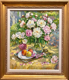 Vintage Vibrant Bouquet of Flowers, StIll Life of Fruit, Oil Painting Findlay Label