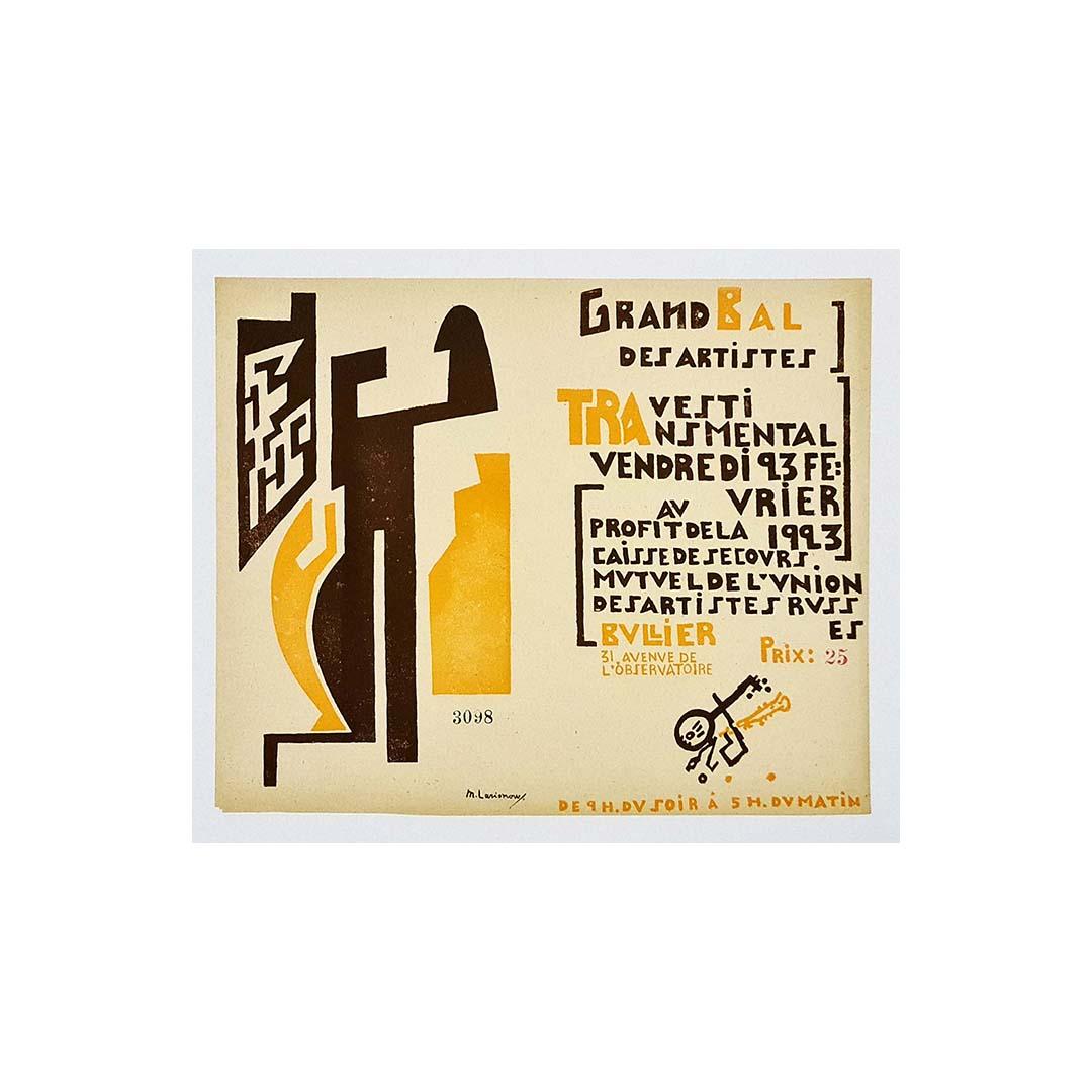 Belle affiche de Mikhail Fyodorovich Larionov ( 1881 - 1964 ) pour un bal au profit du fonds d'entraide de l'Union des artistes russes au Bal Bullier.
Mikhail Larionov était un peintre russe d'avant-garde qui a travaillé avec des exposants radicaux