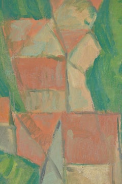 Valley Town Oil Painting, Cubist Style, Late 19th Century. Signed