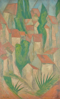Valley Town Oil Painting, Cubist Style, Late 19th Century. Signed