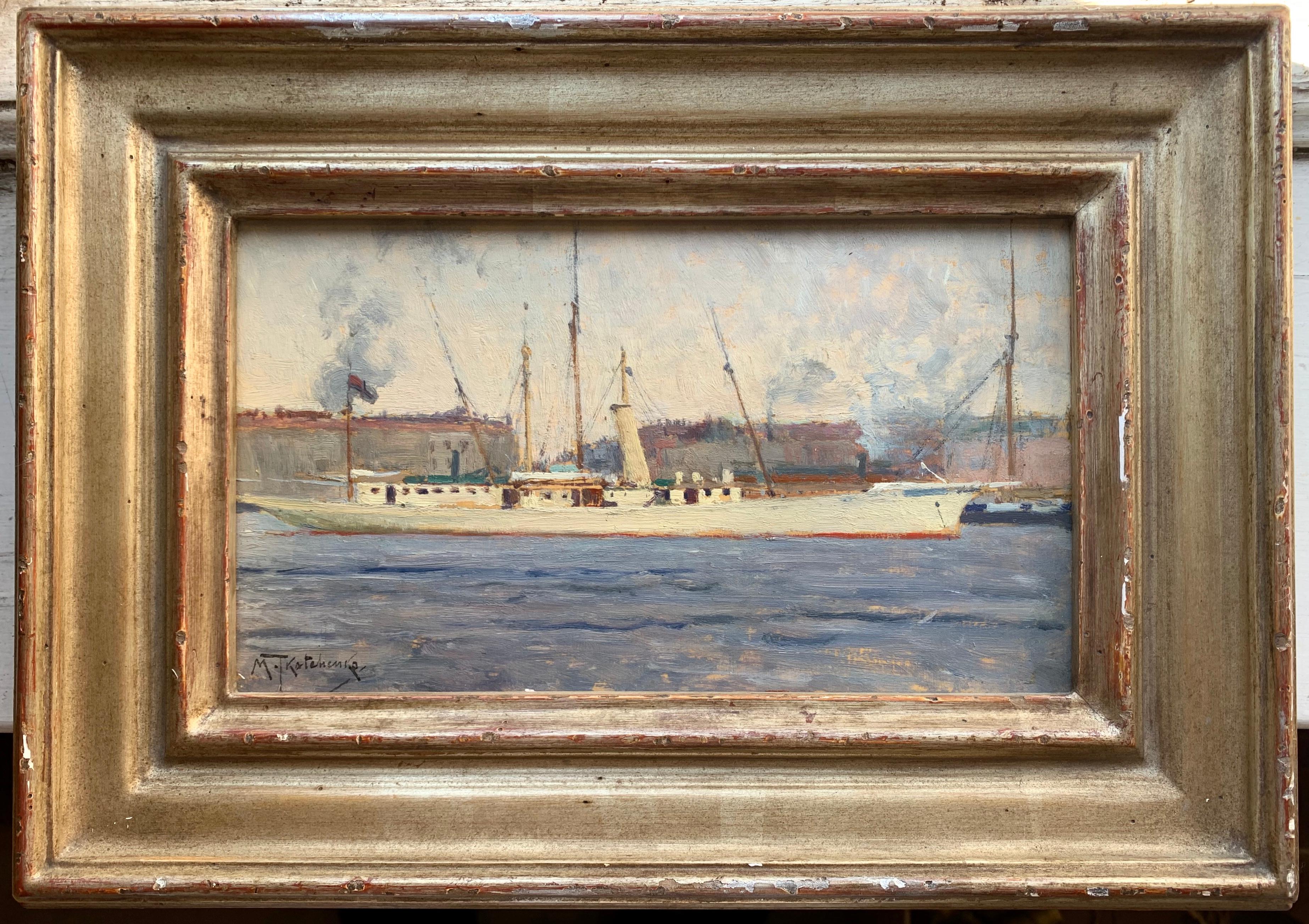 Mikhail Tkatchenko, (1860-1916) huile sur panneau, vers 1896. Peintre de la cour impériale maritime sous Alexander III et Nicolas II. Sujet de peinture censé représenter le yacht impérial russe passant à Marseille, revenant de l'inauguration du Pont