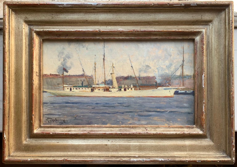 Mikhail Tkatchenko, (1860-1916) oil on panel, circa 1896. Maritime imperial court painter under both Alexander III and Nicholas II. Painting subject purported to be of the Imperial Russian yacht passing Marseille returning from the inauguration of
