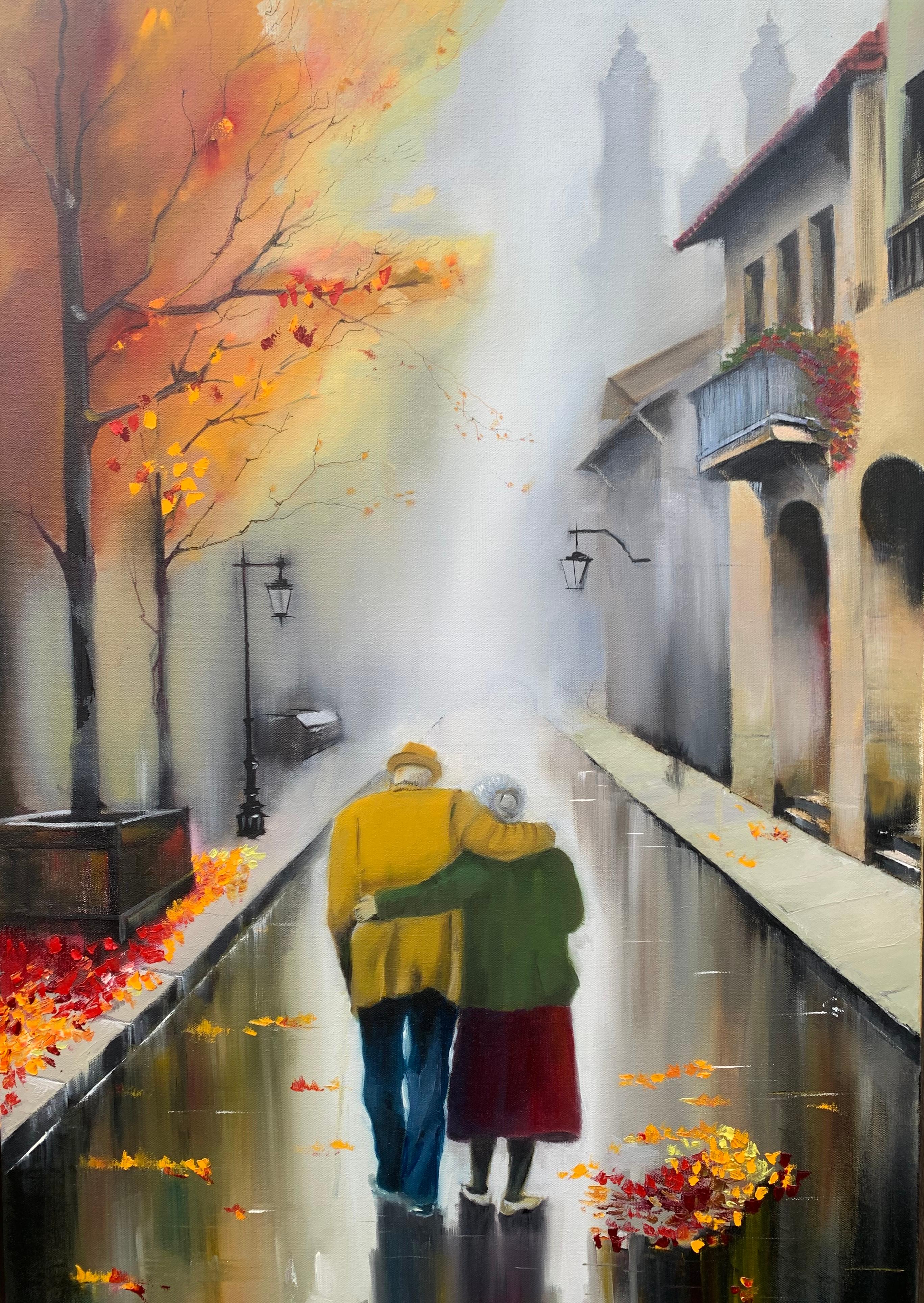 Mikhail Zuyeu Figurative Painting – Herbstspaziergang, Ölgemälde