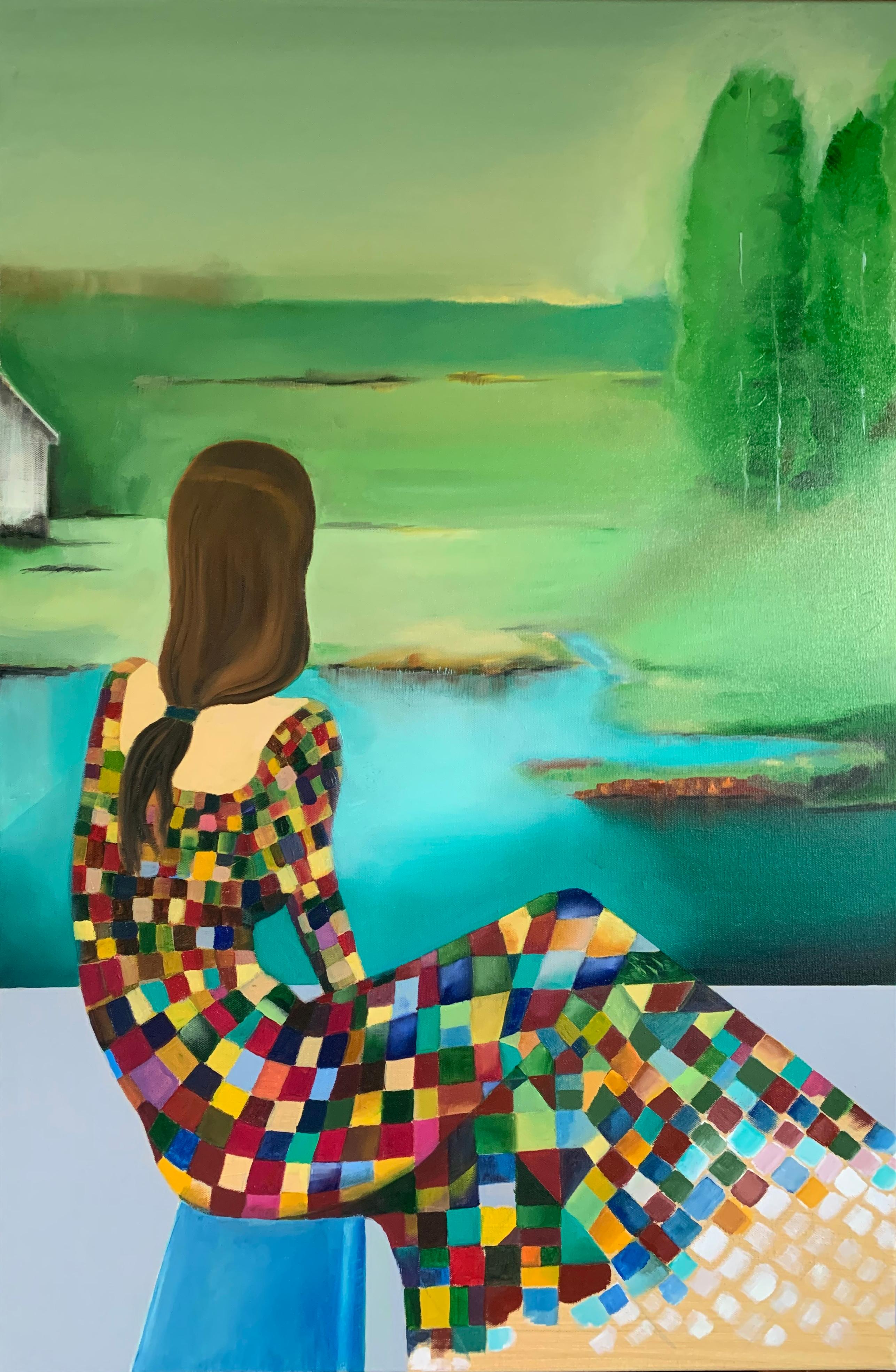 Mikhail Zuyeu Figurative Painting - Quiet Horizon Green, Oil Painting