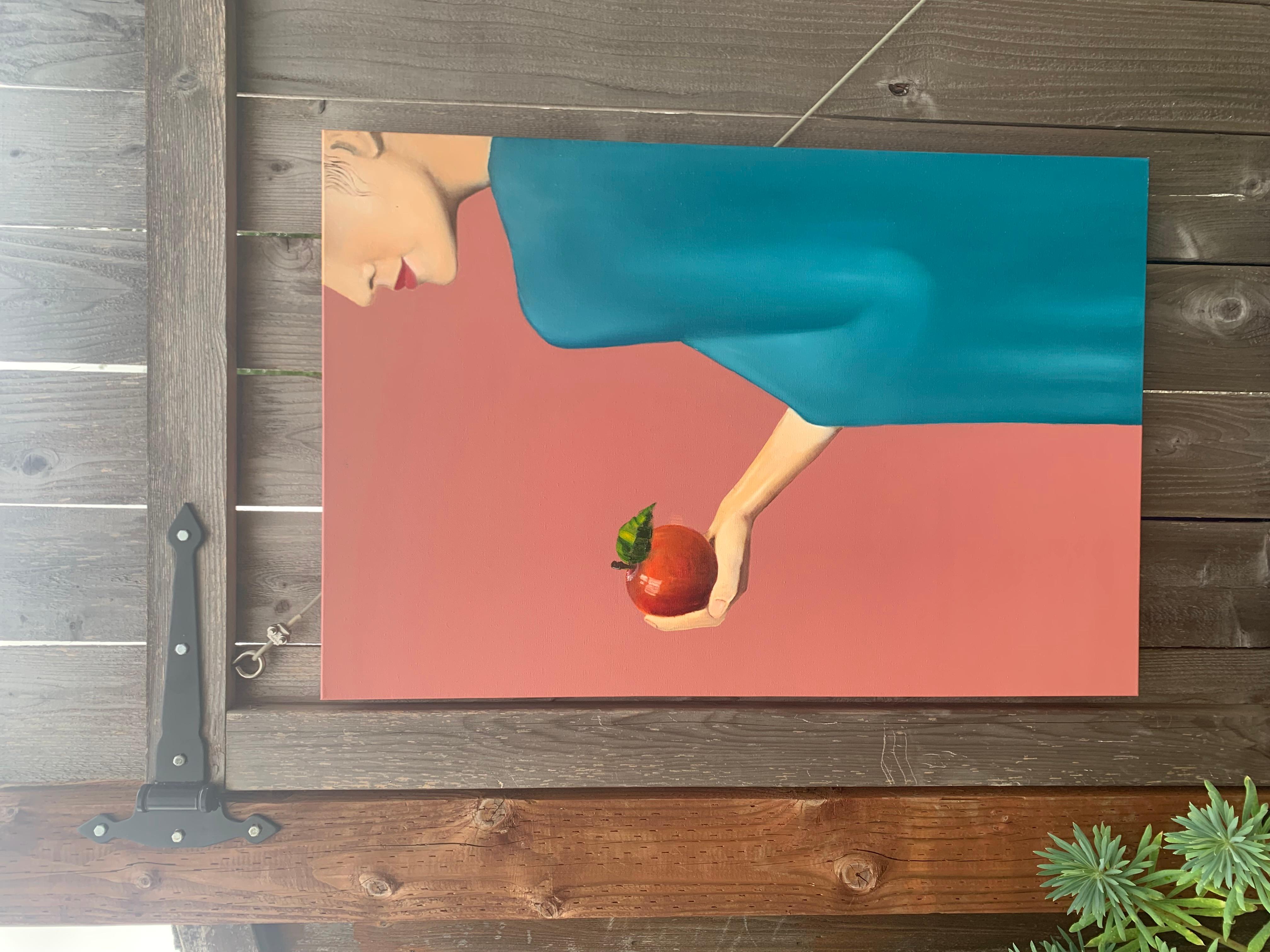 <p>Artist Comments<br>A figure, cloaked in teal, calmly extends an apple forward against a muted rose background. The fruit, glowing with realism and crowned with a leaf, contrasts with the stylized serenity of the woman's profile. The scene feels