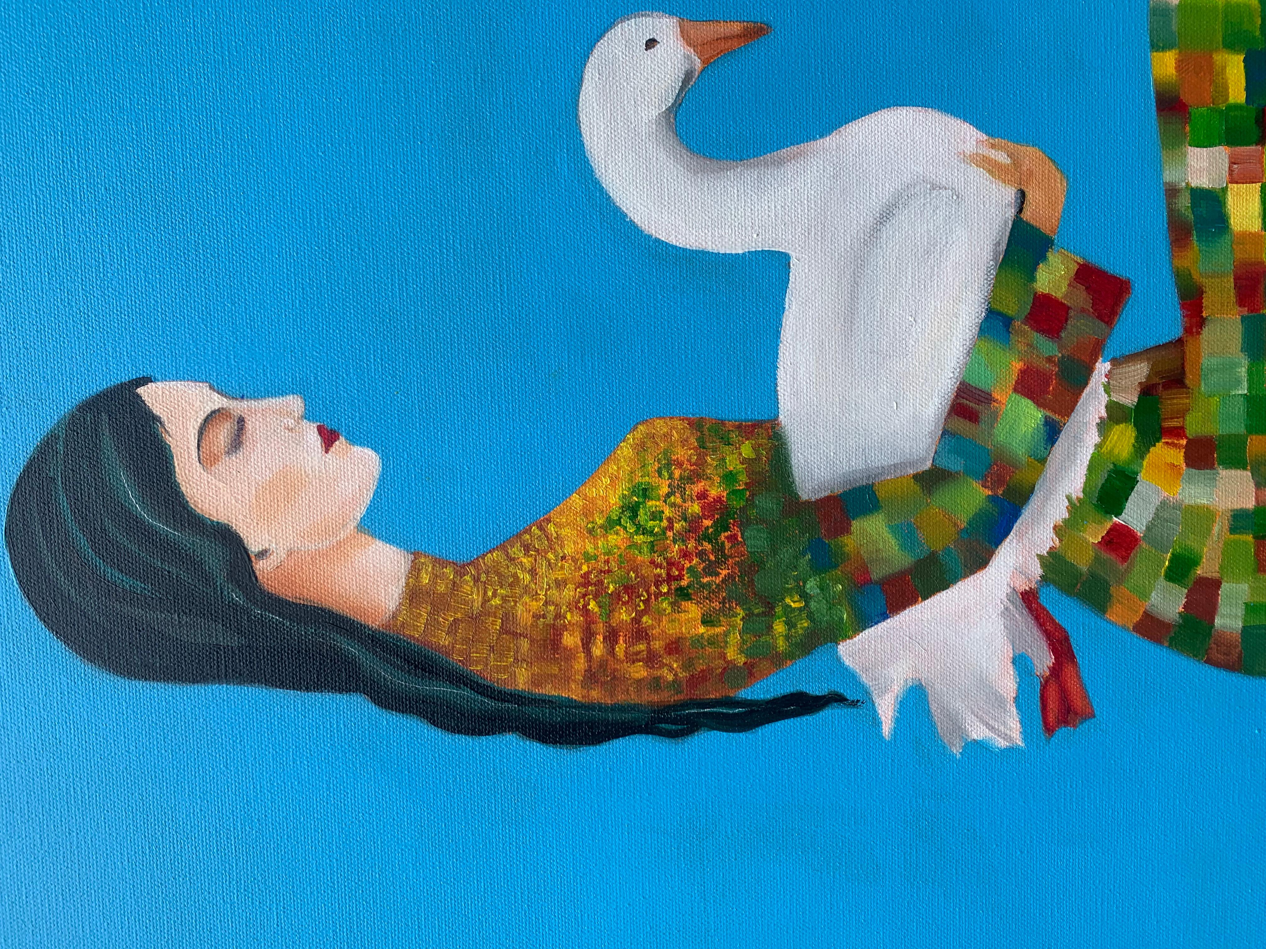 Le gardien des oies, peinture à l'huile - Bleu Animal Painting par Mikhail Zuyeu