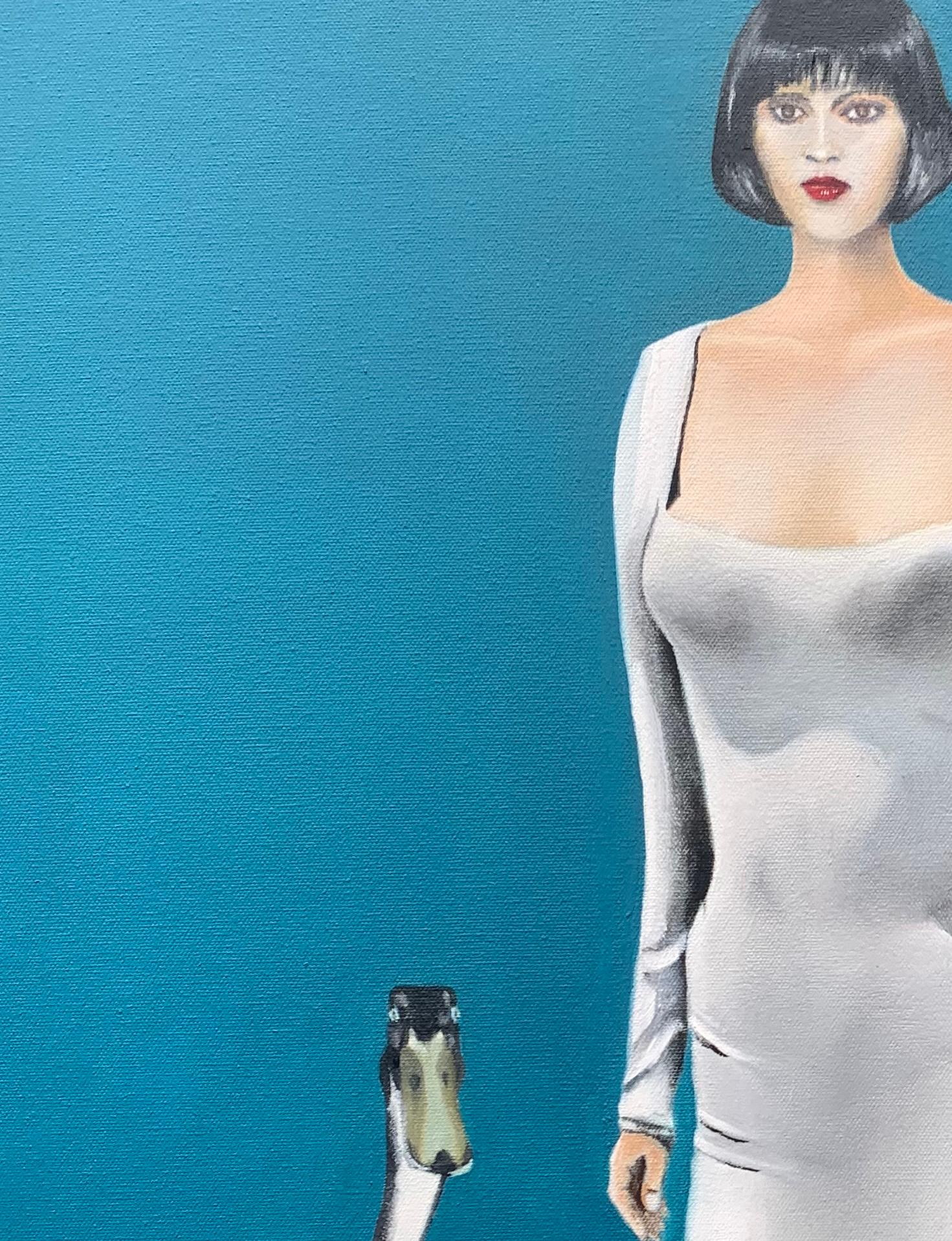 La robe blanche, peinture à l'huile - Bleu Animal Painting par Mikhail Zuyeu