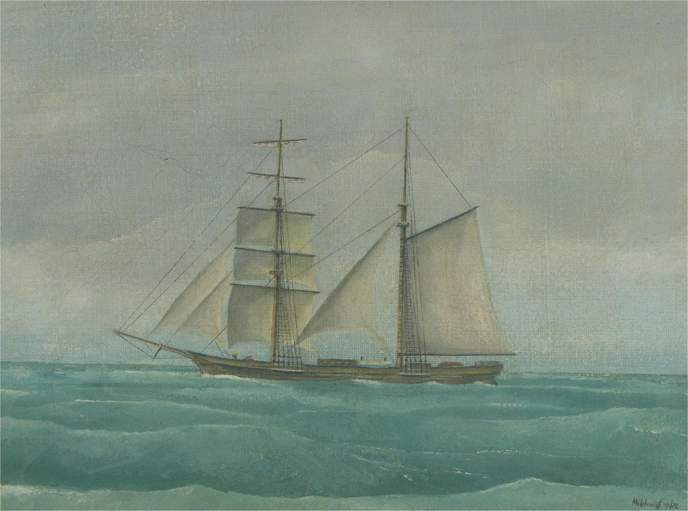 A charming oil painting, depicting a ship at sea. Signed and dated to the lower right-hand corner. Presented in an ornate, gilt-effect frame, as shown. On canvas on stretchers.
