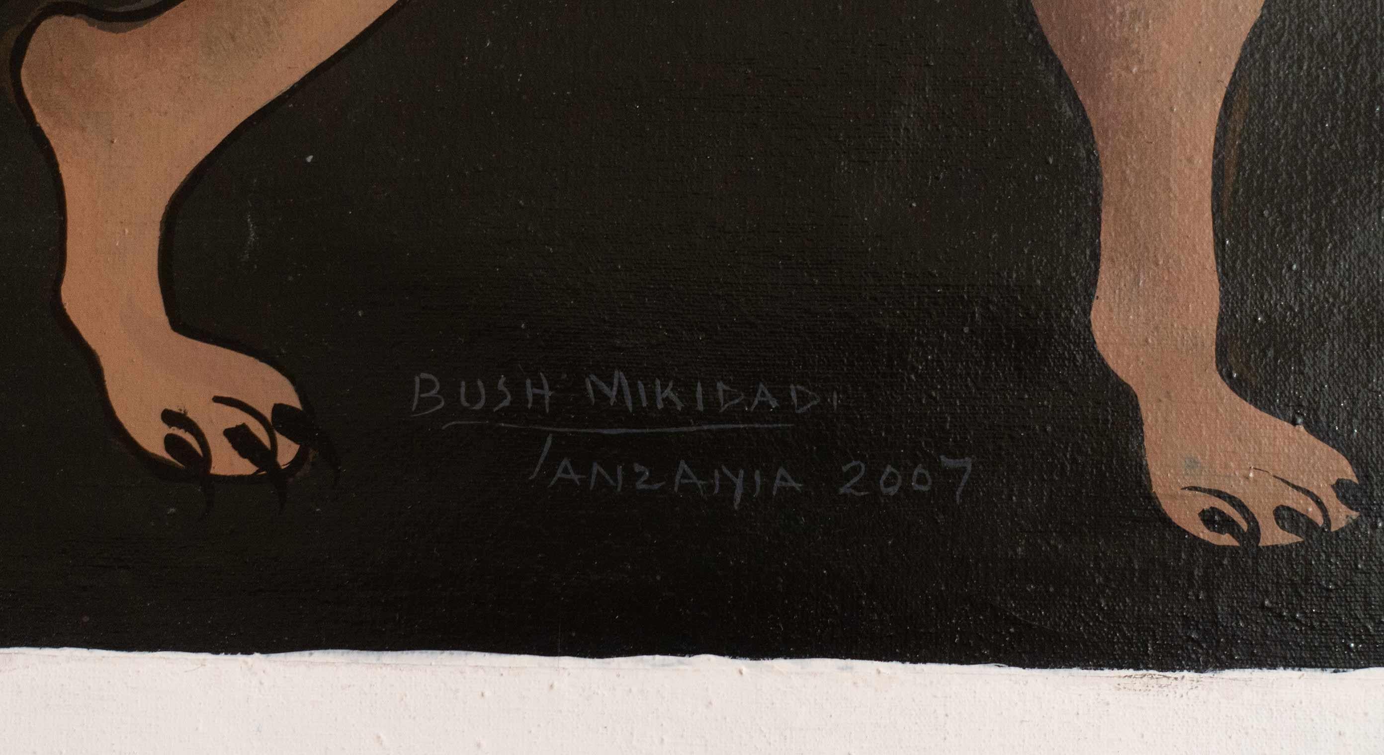 Acrílico sobre lienzo de Mikidadi Bush, firmado y fechado en el anverso.
La obra de Bush aborda temas relacionados con la cultura animista, creando visiones que combinan atmósferas oníricas y ordinarias. La artista utiliza la incisividad, la
