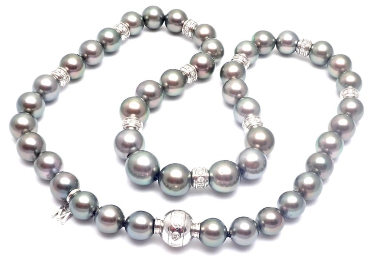 Mikimoto 10 Diamond Rondelles Tahitian Black South Sea Pearl White Gold ...