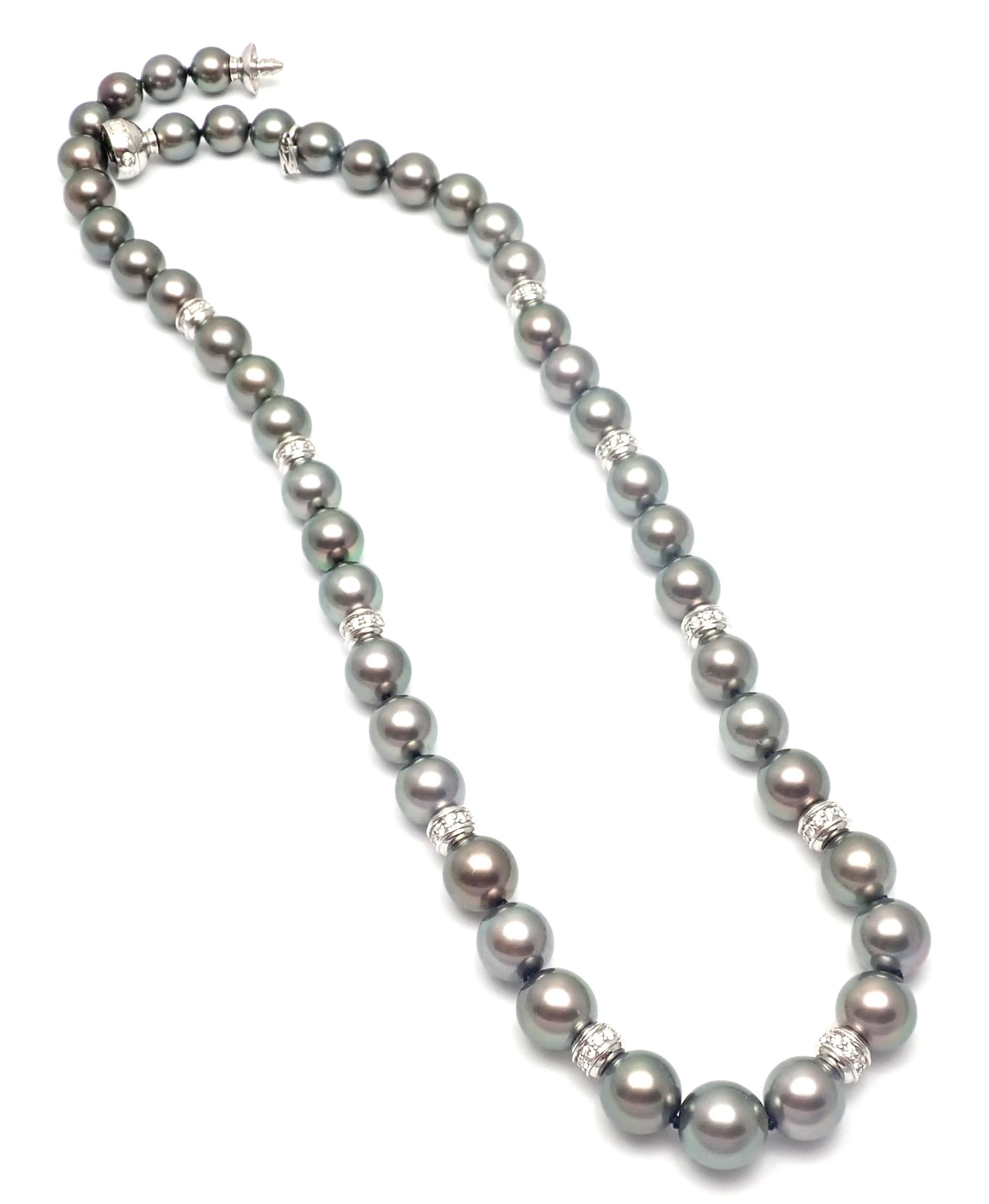 Mikimoto 10 Diamond Rondelles Tahitian Black South Sea Pearl White Gold Necklace In Excellent Condition In Holland, PA