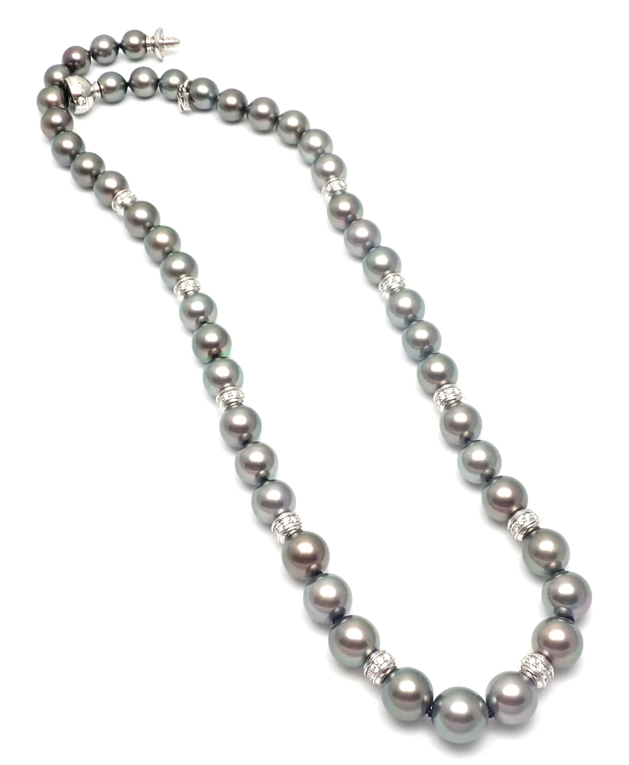 Mikimoto 10 Diamond Rondelles Tahitian Black South Sea Pearl White Gold Necklace In Excellent Condition In Southampton, PA