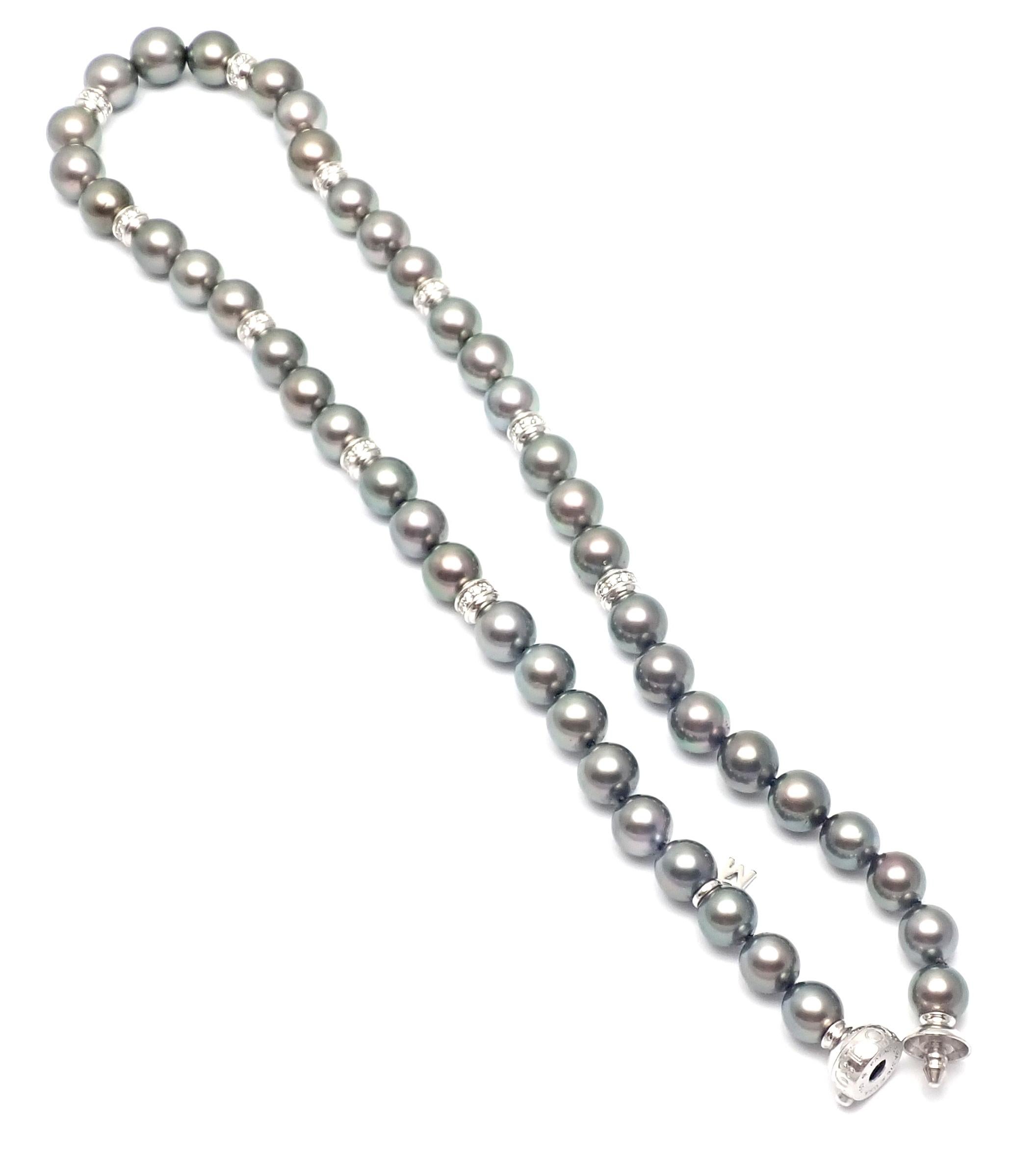 Women's or Men's Mikimoto 10 Diamond Rondelles Tahitian Black South Sea Pearl White Gold Necklace
