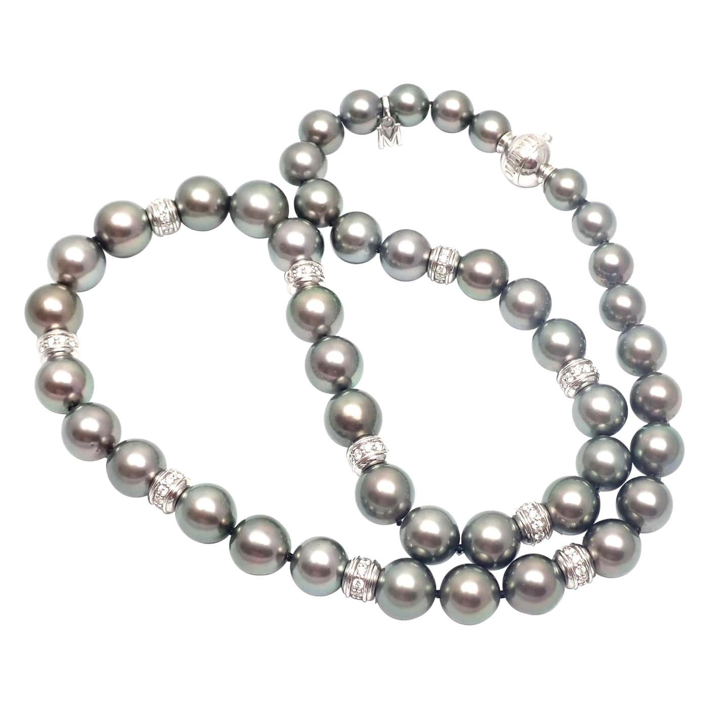 Mikimoto 10 Diamond Rondelles Tahitian Black South Sea Pearl White Gold ...