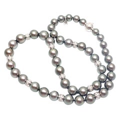 Mikimoto 10 Diamond Rondelles Tahitian Black South Sea Pearl White Gold Necklace