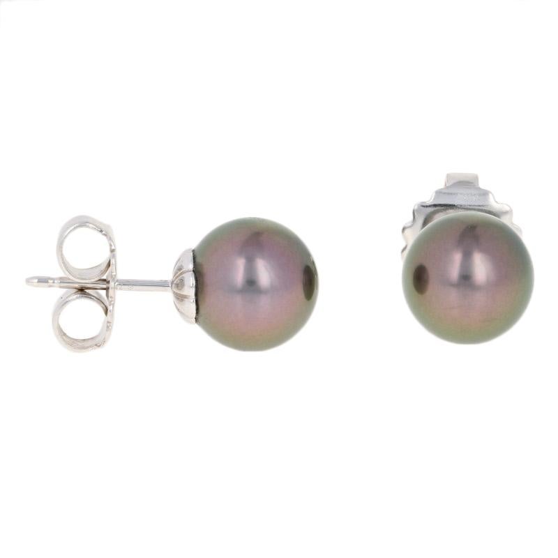 Mikimoto Tahitian Black South Sea Pearl Earrings, 18 Karat Gold Pierced Studs In Excellent Condition In Greensboro, NC