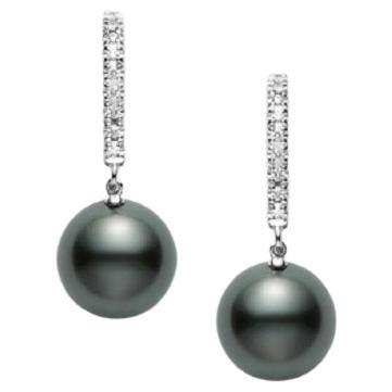 Mikimoto Tahitian Cultured Black Pearl and Diamond Drop Earrings PEA1008BDW For Sale