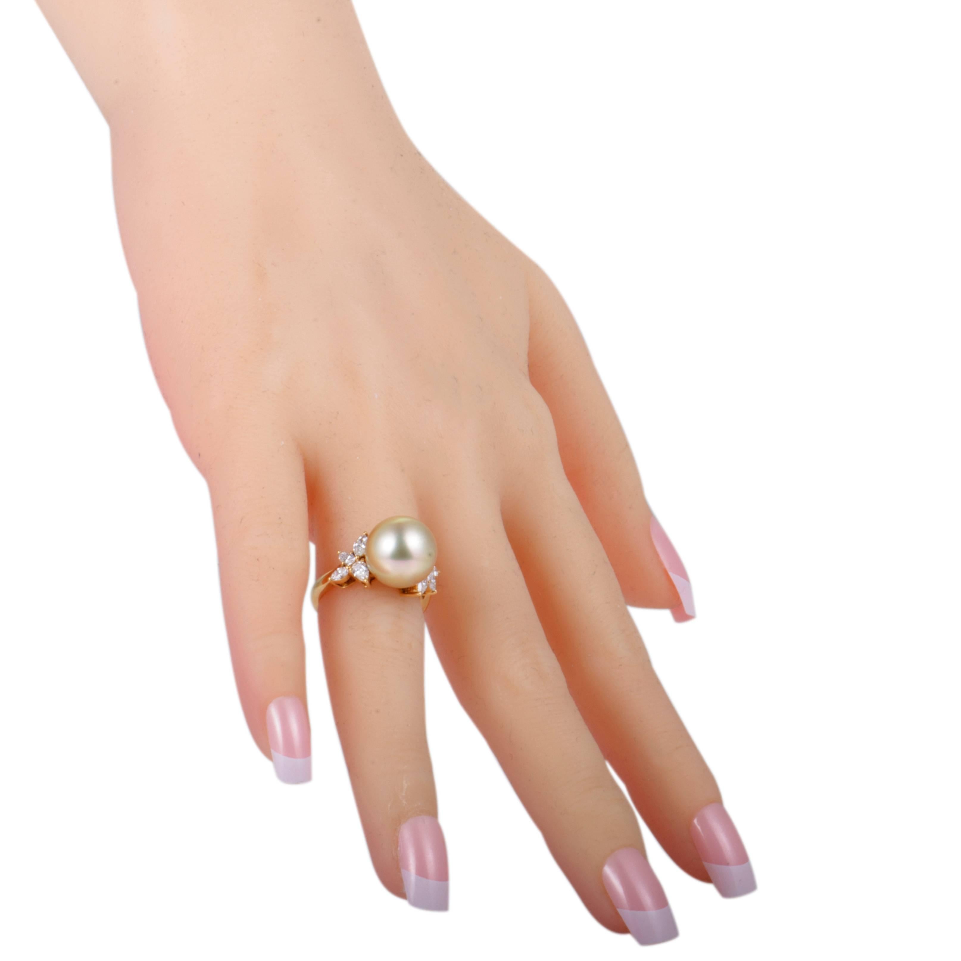 Mikimoto Golden Pearl and Diamond Yellow Gold Ring In Excellent Condition In Southampton, PA