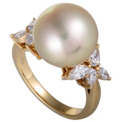 Retro Mikimoto Golden Pearl and Diamond Yellow Gold Ring