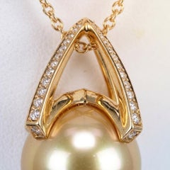 Mikimoto 13mm Golden South Sea Pearl and Diamond 18k Yellow Gold Necklace