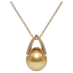 Mikimoto 13mm Golden South Sea Pearl and Diamond 18k Yellow Gold Necklace