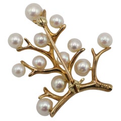 Mikimoto 14 Karat Yellow Gold Akoya Cultured Pearl Tree of Life Brooch Pin