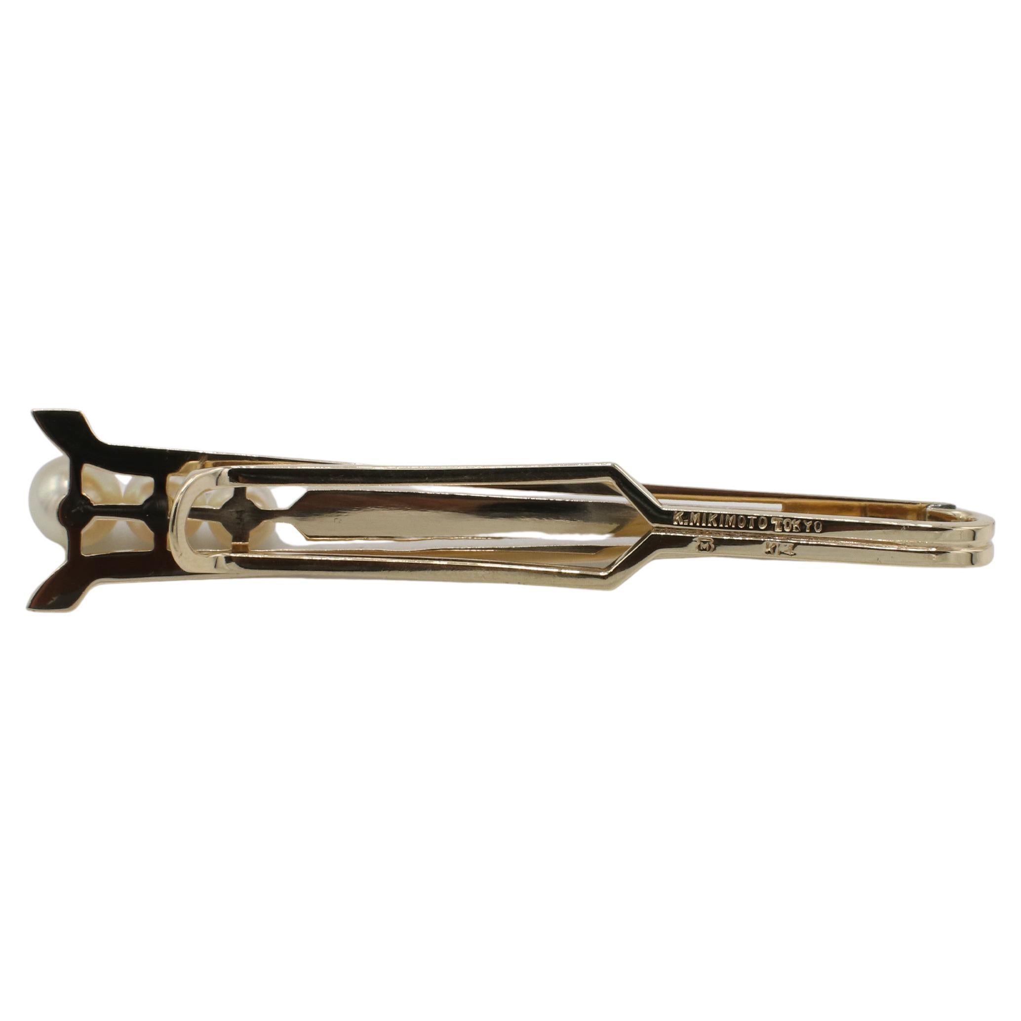 Retro Mikimoto 14 Karat Yellow Gold Akoya Pearl Tie Bar Clip Pin For Sale