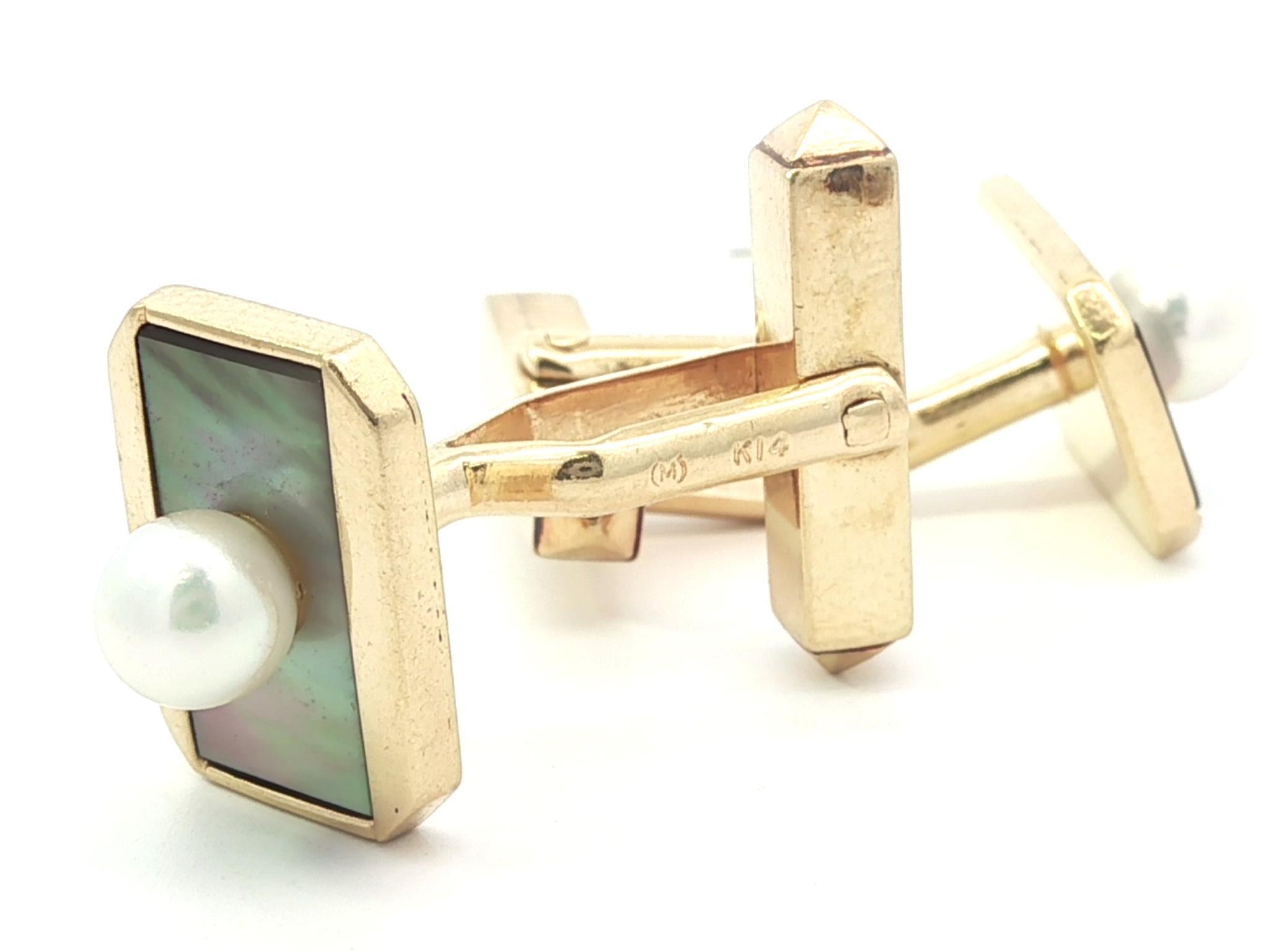 Mikimoto 14k Gold Top Quality Pearl & Mother Of Pearl Rectangular Cufflinks For Sale 2