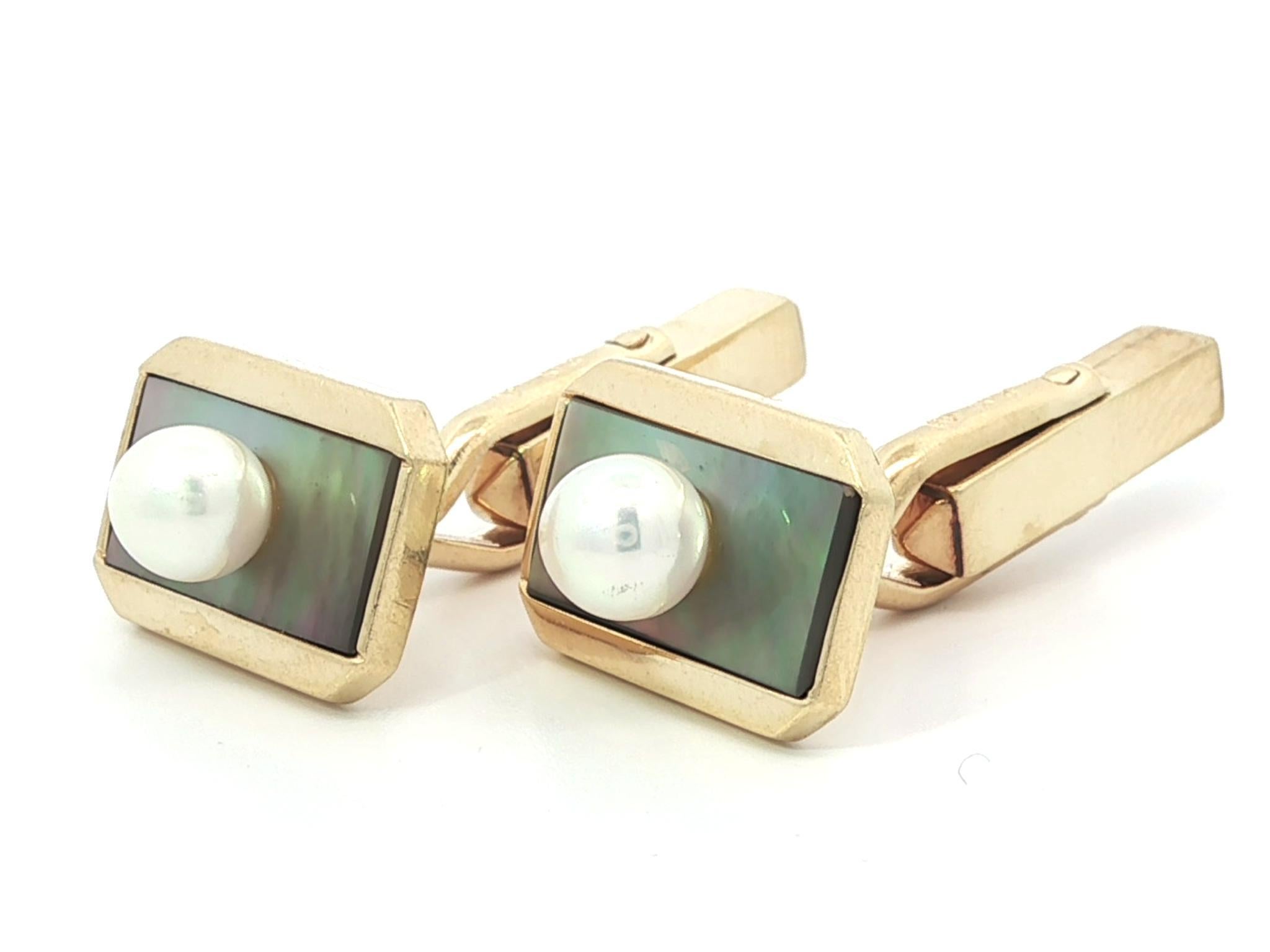 Mikimoto 14k Gold Top Quality Pearl & Mother Of Pearl Rectangular Cufflinks For Sale 3